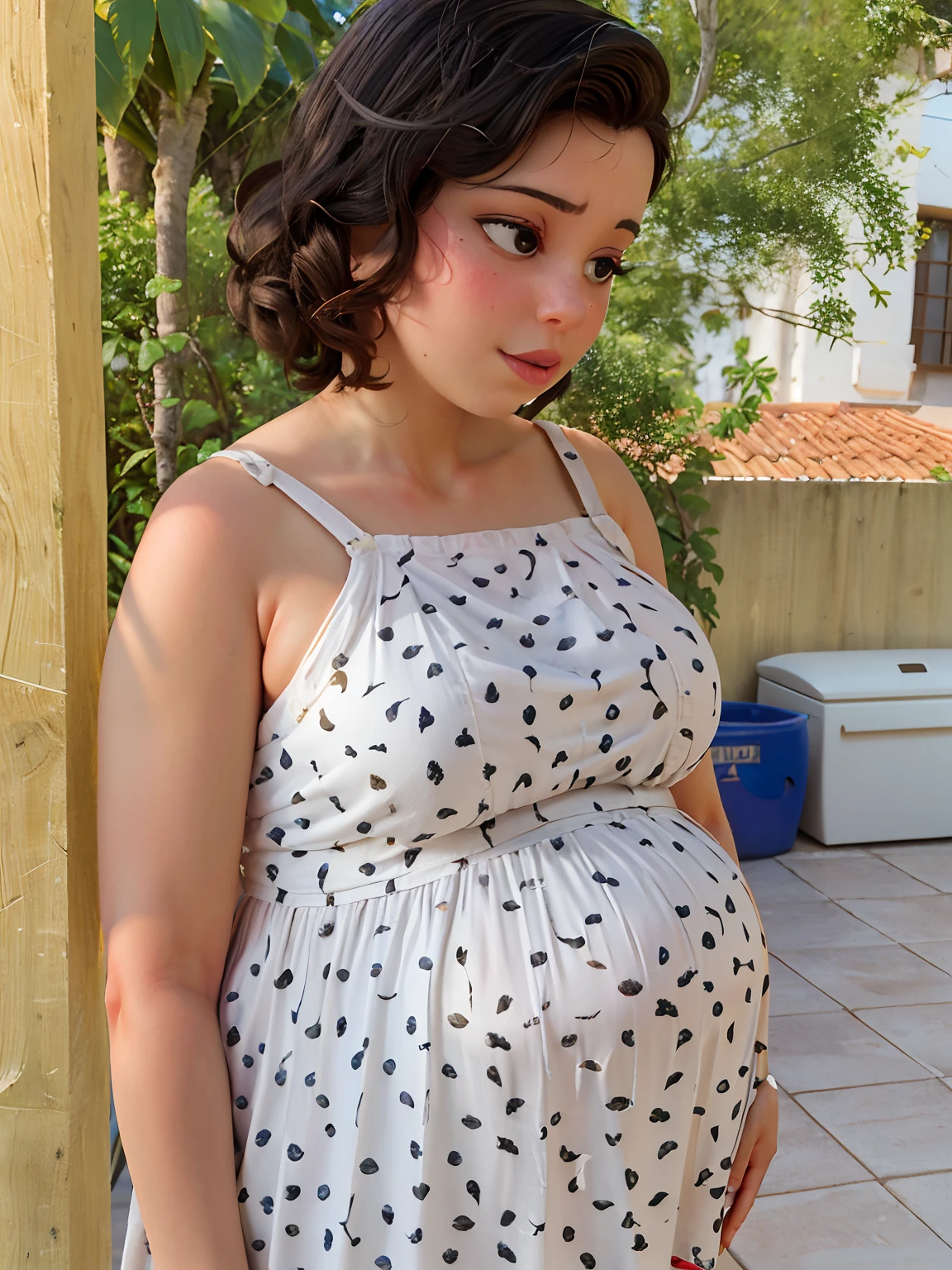 Personagem estilo Disney/Pixar, Mulher gravida no vestido de bolinhas olhando para baixo para sua barrigada, fundo desfocado em uma festa, Studio-type lighting, Directed by: Nandor Soldier, pregnant belly, Malika Favre, Frente cheia, 3 5 year brazilian mother, wearing a summer dress, by Maria Helena Vieira da Silva, In Sao Paulo, Parece Fabiula Nascimento, muito superdotado, pregnant, Directed by: Samuel Silva