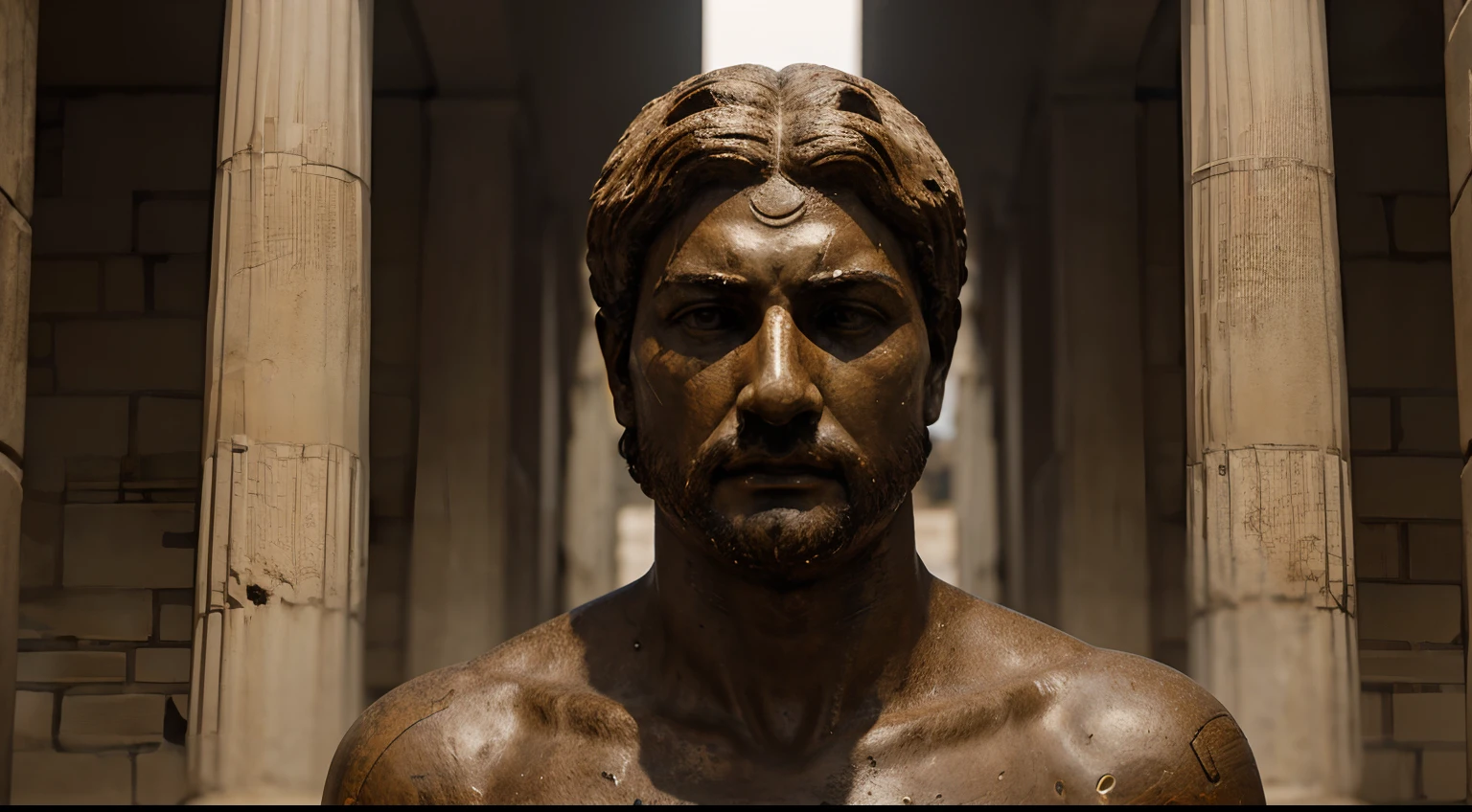 Ancient Stoic Statue With Very Angry Expression, tem barba, muitos detalhes em ambos os olhos, Outside, fundo atenas grego, open sky, com rosto extremamente detalhado full body view, Colors with low saturation with dark tone, Filmado em Sony A7S III com Sony FE 35mm f/1.8, 12.1 MP, --AR 3:2 --estilo cru