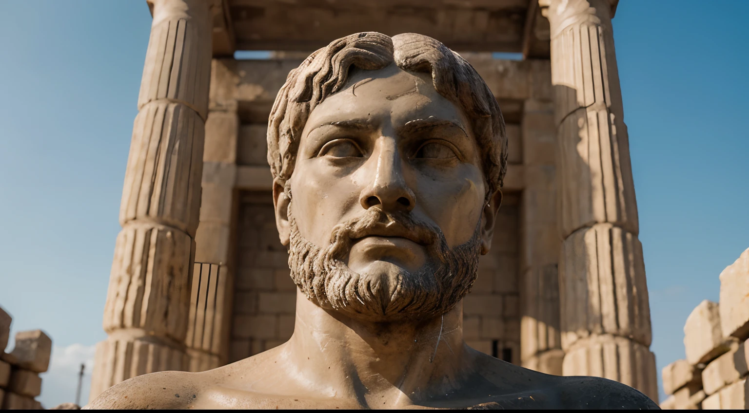 Ancient Stoic Statue With Very Angry Expression, tem barba, muitos detalhes em ambos os olhos, Outside, fundo atenas grego, open sky, com rosto extremamente detalhado full body view, Colors with low saturation with dark tone, Filmado em Sony A7S III com Sony FE 35mm f/1.8, 12.1 MP, --AR 3:2 --estilo cru