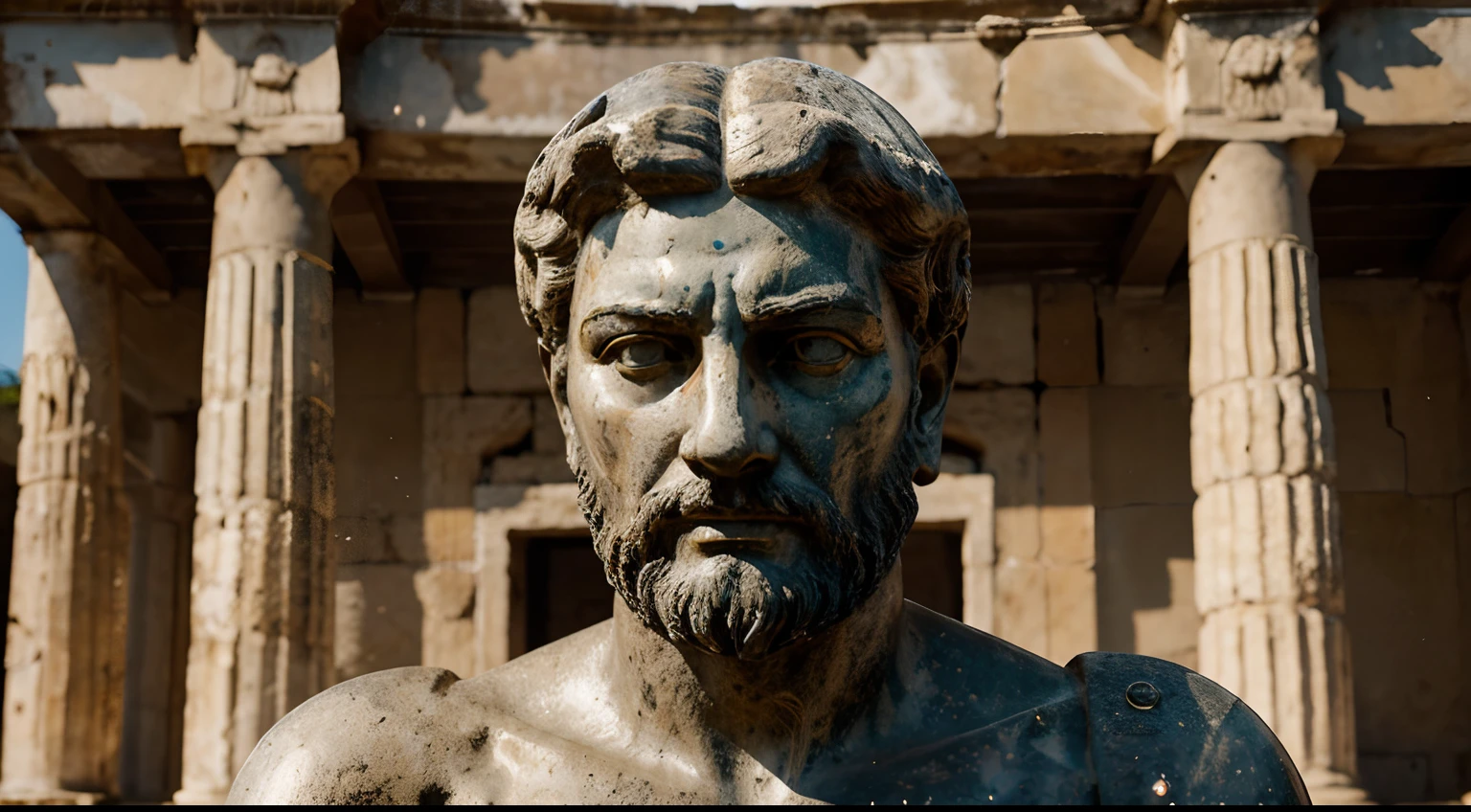 Ancient Stoic Statue With Very Angry Expression, tem barba, muitos detalhes em ambos os olhos, Outside, fundo atenas grego, open sky, com rosto extremamente detalhado full body view, Colors with low saturation with dark tone, Filmado em Sony A7S III com Sony FE 35mm f/1.8, 12.1 MP, --AR 3:2 --estilo cru