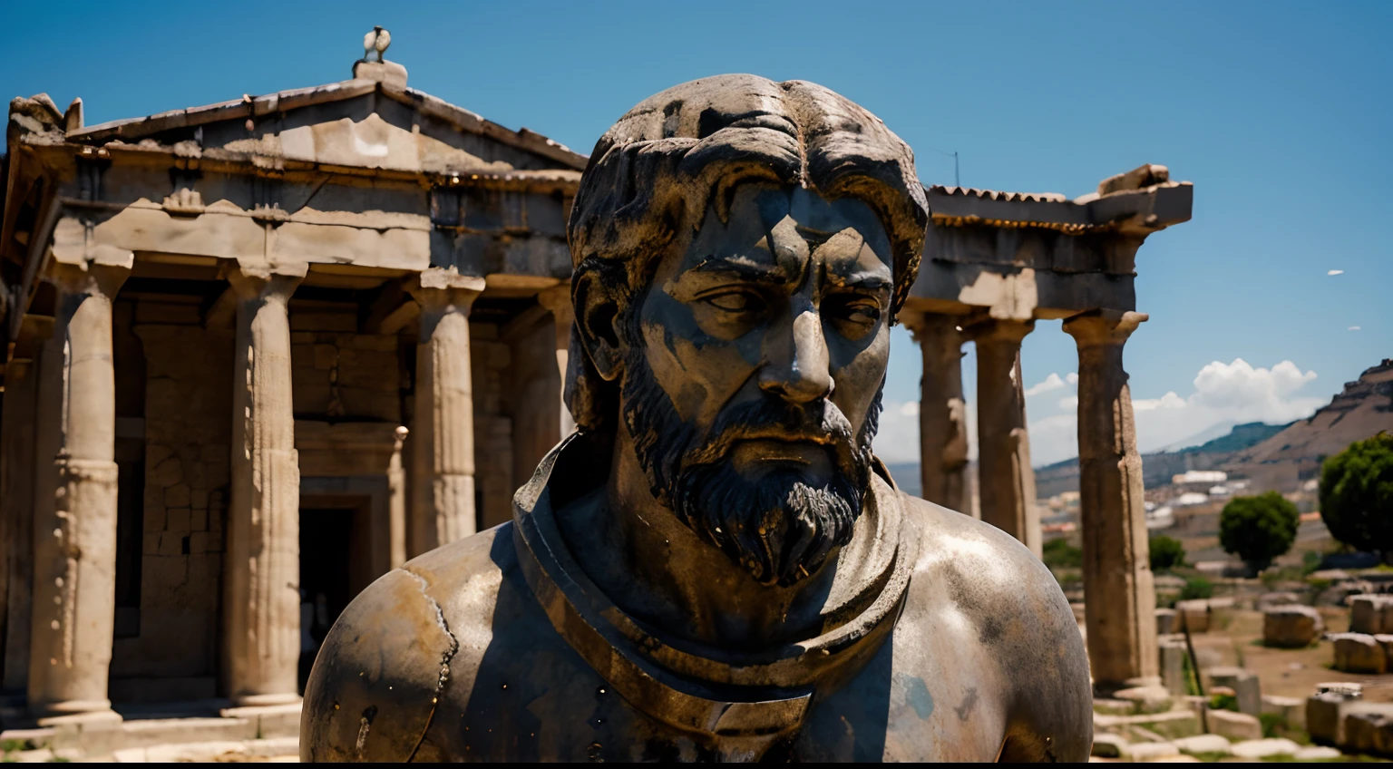 Ancient Stoic Statue With Very Angry Expression, tem barba, muitos detalhes em ambos os olhos, Outside, fundo atenas grego, open sky, com rosto extremamente detalhado full body view, Colors with low saturation with dark tone, Filmado em Sony A7S III com Sony FE 35mm f/1.8, 12.1 MP, --AR 3:2 --estilo cru