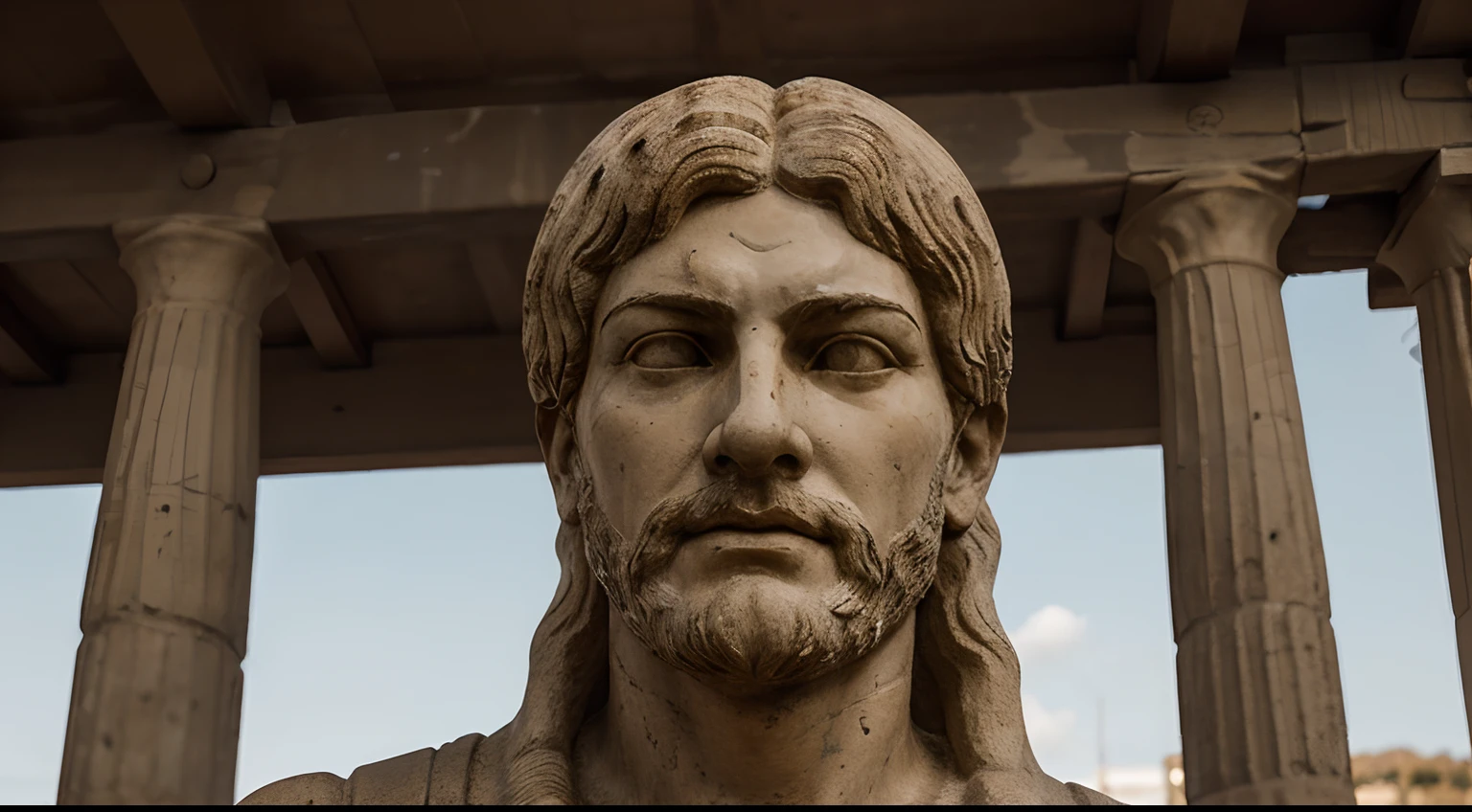 Ancient Stoic Statue With Very Angry Expression, tem barba, muitos detalhes em ambos os olhos, Outside, fundo atenas grego, open sky, com rosto extremamente detalhado full body view, Colors with low saturation with dark tone, Filmado em Sony A7S III com Sony FE 35mm f/1.8, 12.1 MP, --AR 3:2 --estilo cru