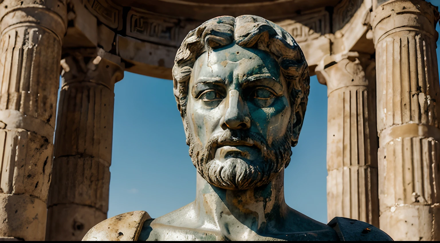 Ancient Stoic Statue With Very Angry Expression, tem barba, muitos detalhes em ambos os olhos, Outside, fundo atenas grego, open sky, com rosto extremamente detalhado full body view, Colors with low saturation with dark tone, Filmado em Sony A7S III com Sony FE 35mm f/1.8, 12.1 MP, --AR 3:2 --estilo cru