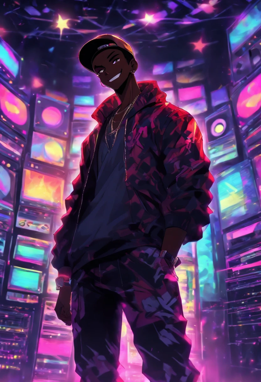 tall black man standing in a music studio, black skin, evil grin, wearing a black cap, no beard, short hair, high resolution