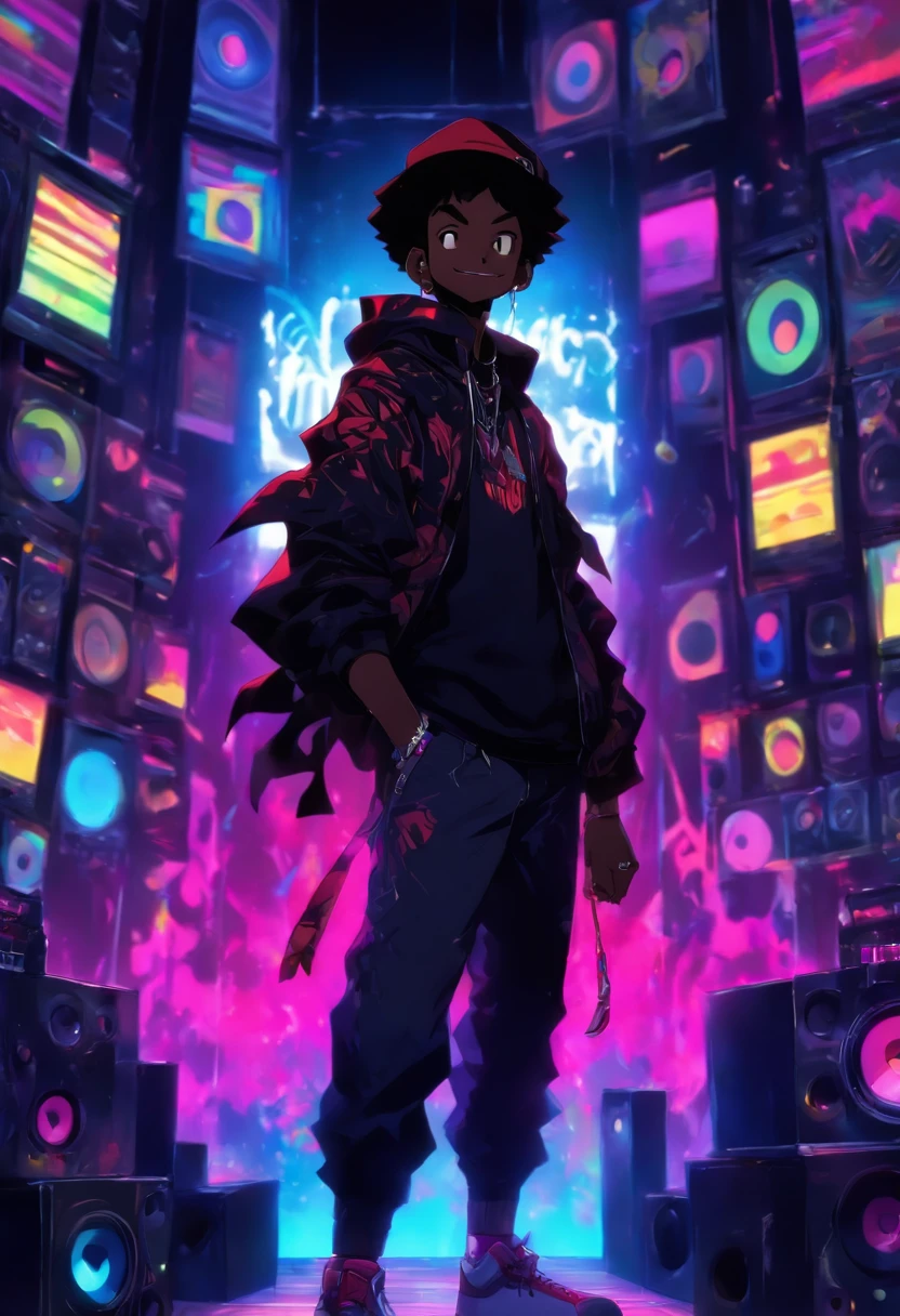 tall black man standing in a music studio, black skin, evil grin, wearing a black cap, no beard, short hair, high resolution