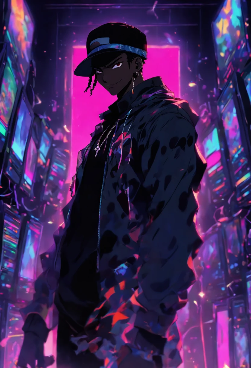 tall black man standing in a music studio, black skin, evil grin, wearing a black cap, no beard, short hair, high resolution