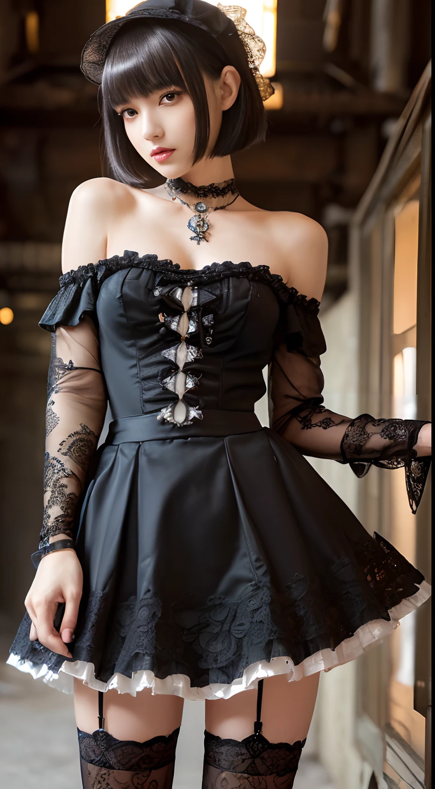 A close up of a woman in a black dress and stockings - SeaArt AI
