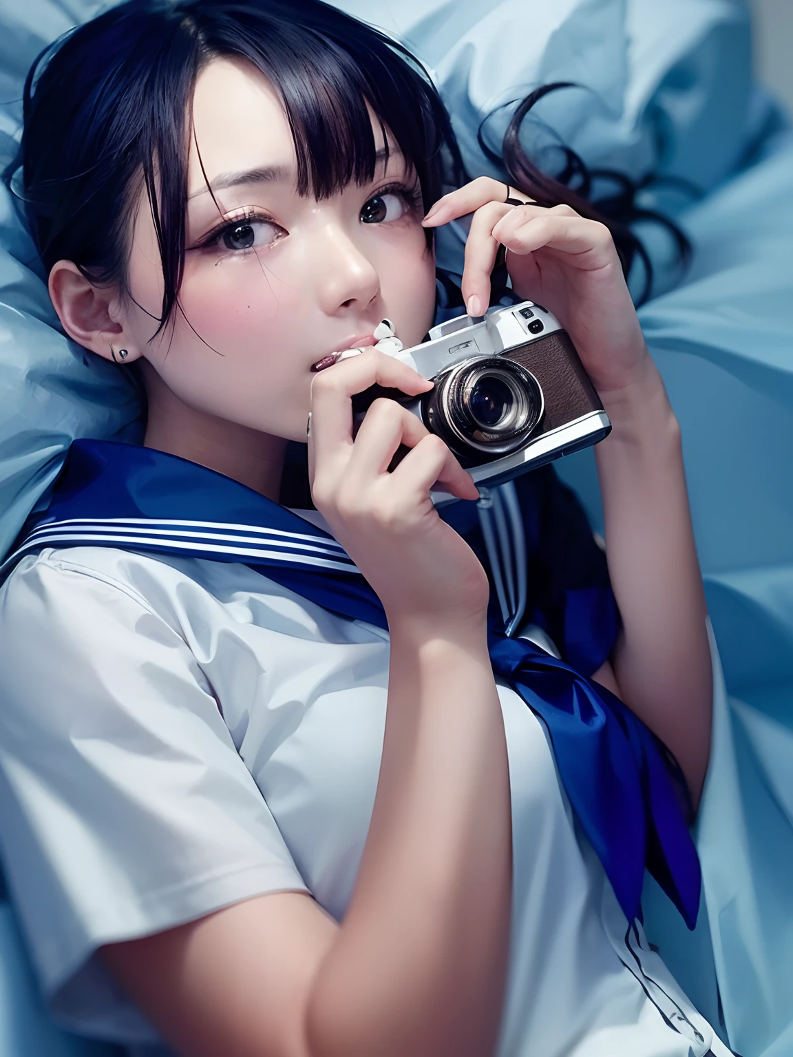 (Best quality, 8k, 32k, Masterpiece, UHD:1.2), Photo of Pretty Japanese woman, medium size breasts, bob hairstyle, sexy girl, dramatic lighting, camera, camera girl, schoolgirl