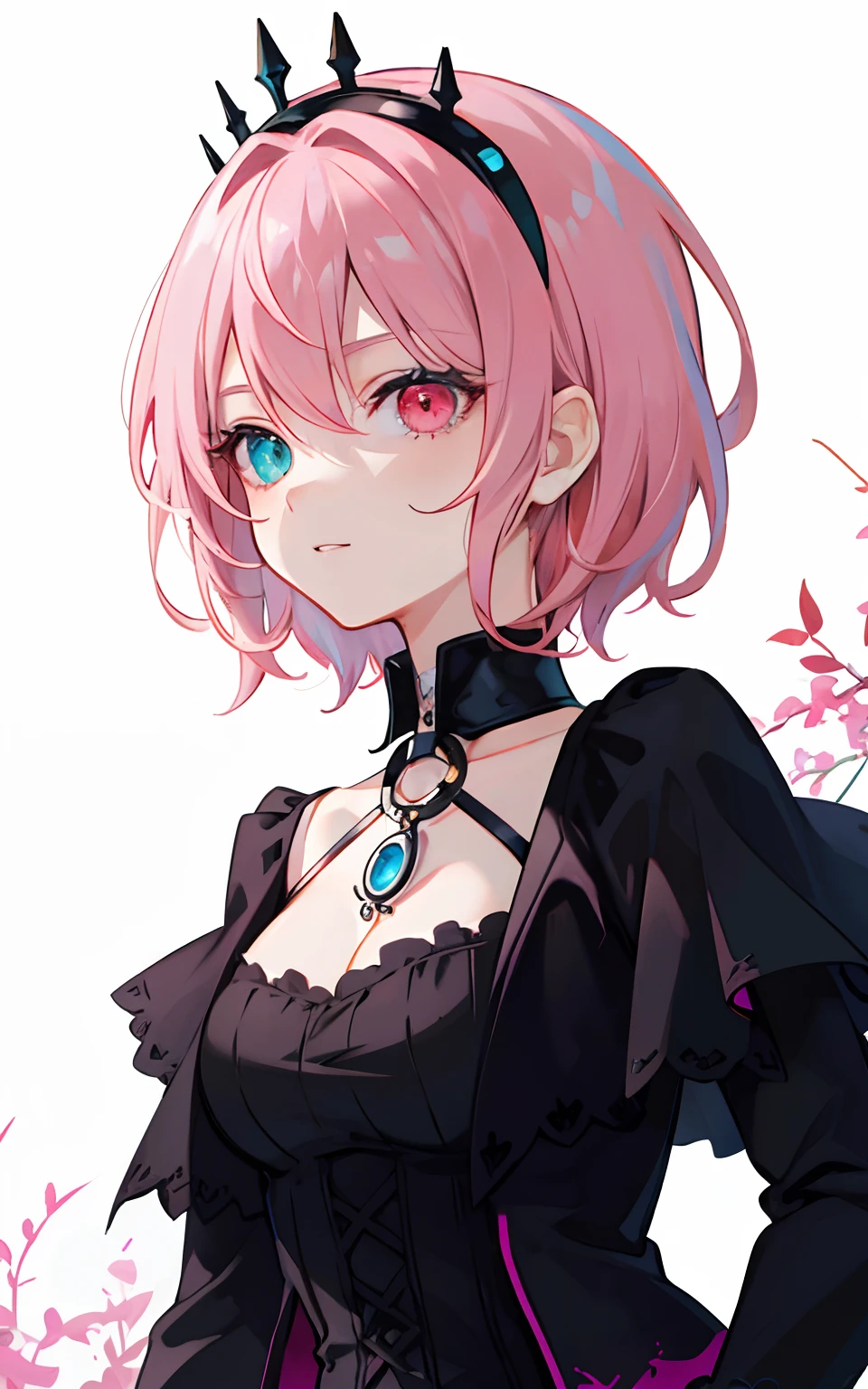 {{best quality}}, {{masterpiece}}, {{ultra-detailed}}, {illustration}, {detailed light}, pink hair, heterochromia, short hair , Goth, Darkgoth, Collar,Crown tiara,solo, black locks,Red vine,