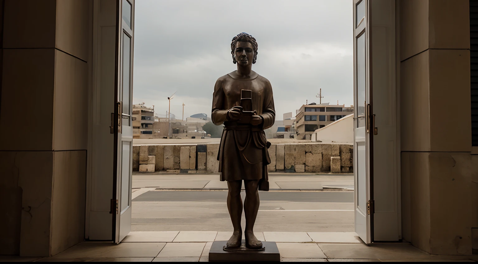 Ancient Stoic Statue With Very Angry Expression, tem barba, muitos detalhes em ambos os olhos, Outside, fundo atenas grego, open sky, com rosto extremamente detalhado full body view, Colors with low saturation with dark tone, Filmado em Sony A7S III com Sony FE 35mm f/1.8, 12.1 MP, --AR 3:2 --estilo cru