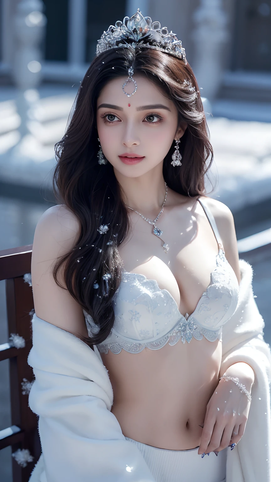 There was a woman in a bra,Wearing a necklace,((a beautiful fantasy empress).inspired Dipika Padukone，Azure.detailed hairs,winter snow falling princess,LCE Princess,Guvez-Steville artwork,8K)),fantasy aesthetic!.Guviz,Ice Queen,8k high-quality detailed art.