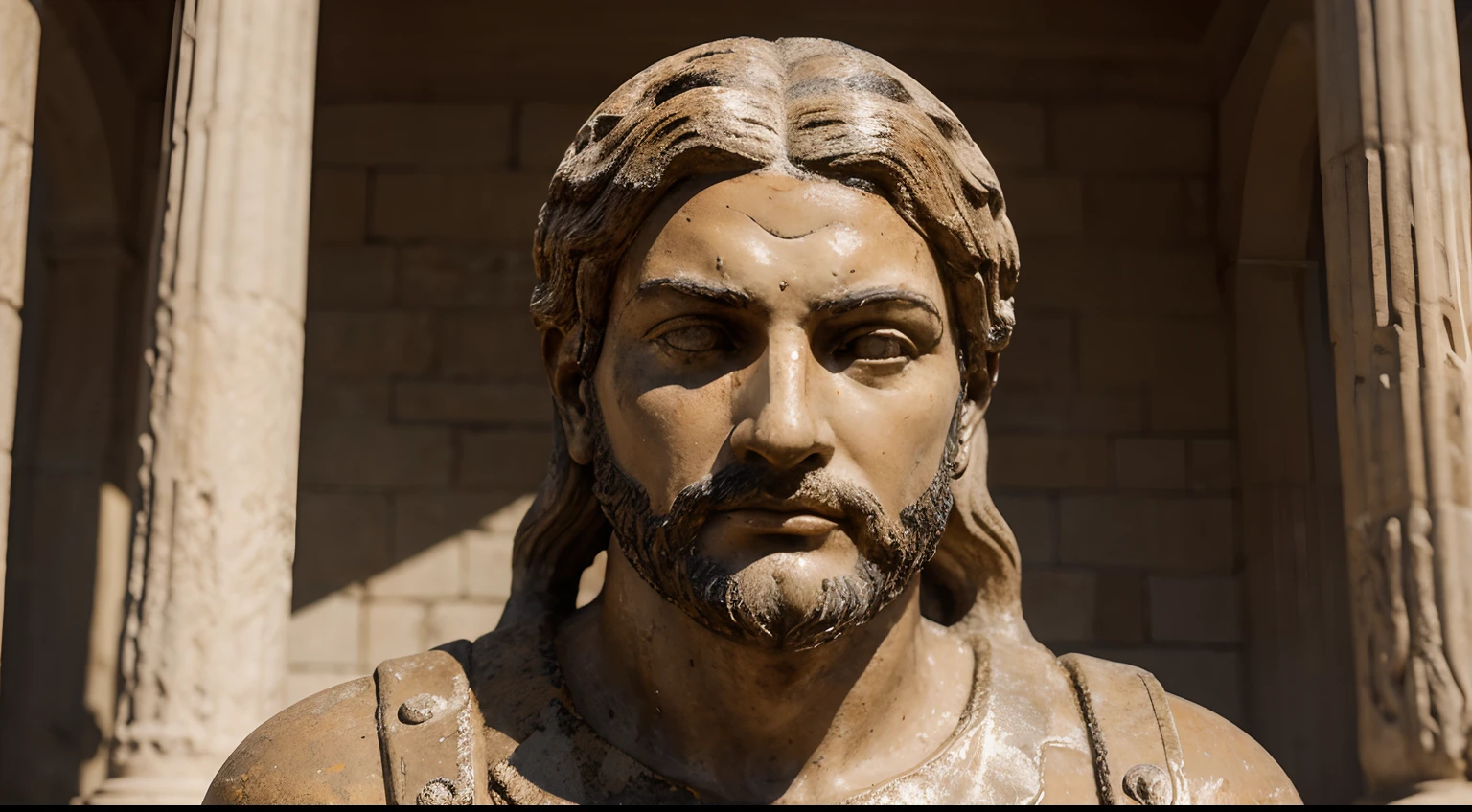 Ancient Stoic Statue With Very Angry Expression, tem barba, muitos detalhes em ambos os olhos, Outside, fundo atenas grego, open sky, com rosto extremamente detalhado full body view, Colors with low saturation with dark tone, Filmado em Sony A7S III com Sony FE 35mm f/1.8, 12.1 MP, --AR 3:2 --estilo cru