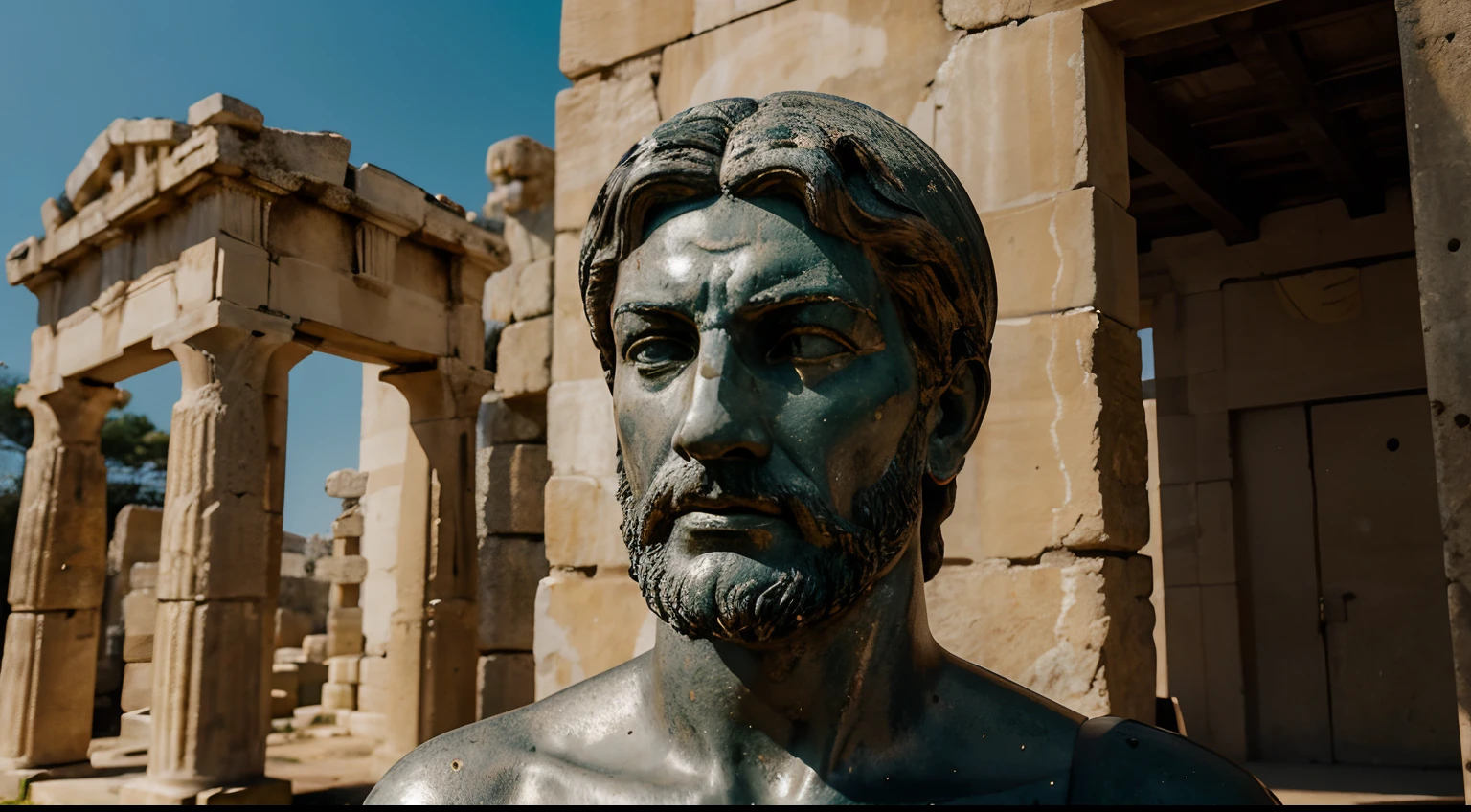 Ancient Stoic Statue With Very Angry Expression, tem barba, muitos detalhes em ambos os olhos, Outside, fundo atenas grego, open sky, com rosto extremamente detalhado full body view, Colors with low saturation with dark tone, Filmado em Sony A7S III com Sony FE 35mm f/1.8, 12.1 MP, --AR 3:2 --estilo cru