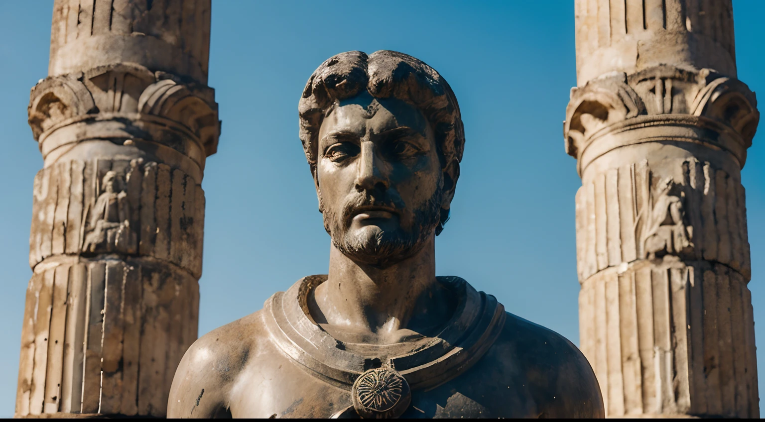 Ancient Stoic Statue With Very Angry Expression, tem barba, muitos detalhes em ambos os olhos, Outside, fundo atenas grego, open sky, com rosto extremamente detalhado full body view, Colors with low saturation with dark tone, Filmado em Sony A7S III com Sony FE 35mm f/1.8, 12.1 MP, --AR 3:2 --estilo cru