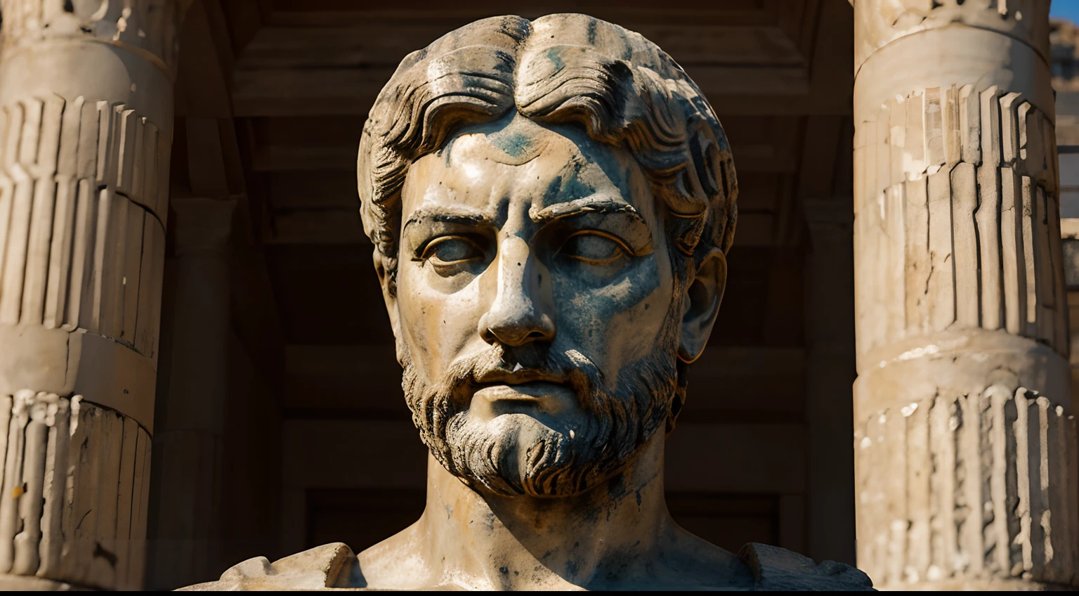Ancient Stoic Statue With Very Angry Expression, tem barba, muitos detalhes em ambos os olhos, Outside, fundo atenas grego, open sky, com rosto extremamente detalhado full body view, Colors with low saturation with dark tone, Filmado em Sony A7S III com Sony FE 35mm f/1.8, 12.1 MP, --AR 3:2 --estilo cru
