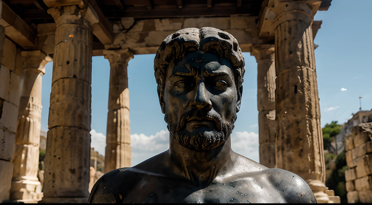 Ancient Stoic Statue With Very Angry Expression, tem barba, muitos detalhes em ambos os olhos, Outside, fundo atenas grego, open sky, com rosto extremamente detalhado full body view, Colors with low saturation with dark tone, Filmado em Sony A7S III com Sony FE 35mm f/1.8, 12.1 MP, --AR 3:2 --estilo cru
