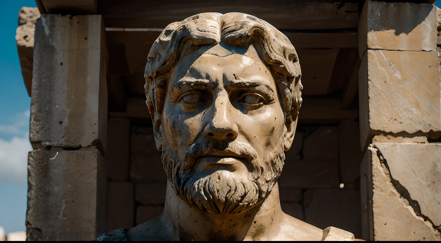 Ancient Stoic Statue With Very Angry Expression, tem barba, muitos detalhes em ambos os olhos, Outside, fundo atenas grego, open sky, com rosto extremamente detalhado full body view, Colors with low saturation with dark tone, Filmado em Sony A7S III com Sony FE 35mm f/1.8, 12.1 MP, --AR 3:2 --estilo cru