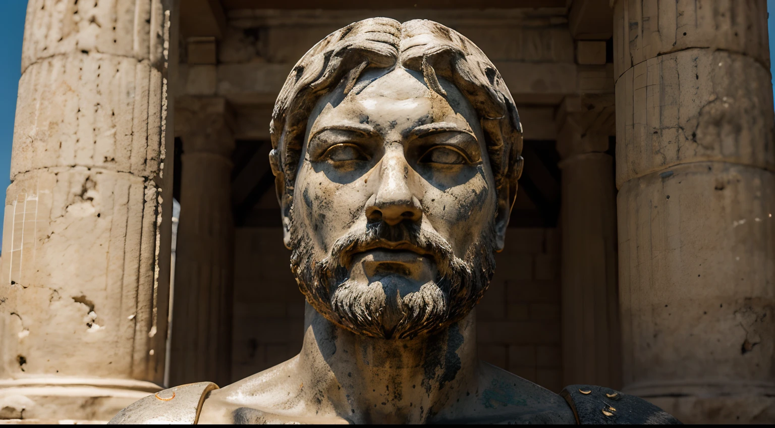 Ancient Stoic Statue With Very Angry Expression, tem barba, muitos detalhes em ambos os olhos, Outside, fundo atenas grego, open sky, com rosto extremamente detalhado full body view, Colors with low saturation with dark tone, Filmado em Sony A7S III com Sony FE 35mm f/1.8, 12.1 MP, --AR 3:2 --estilo cru