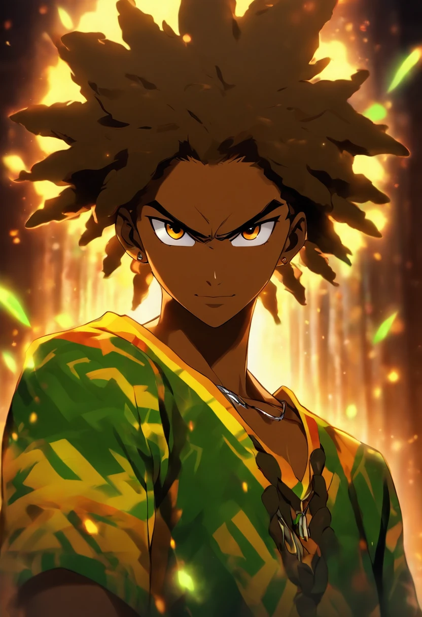 mixed raced man, very light brown skin, rasta hair, standing in a photography studio, friendly smile, brown glowing eyes, wearing black