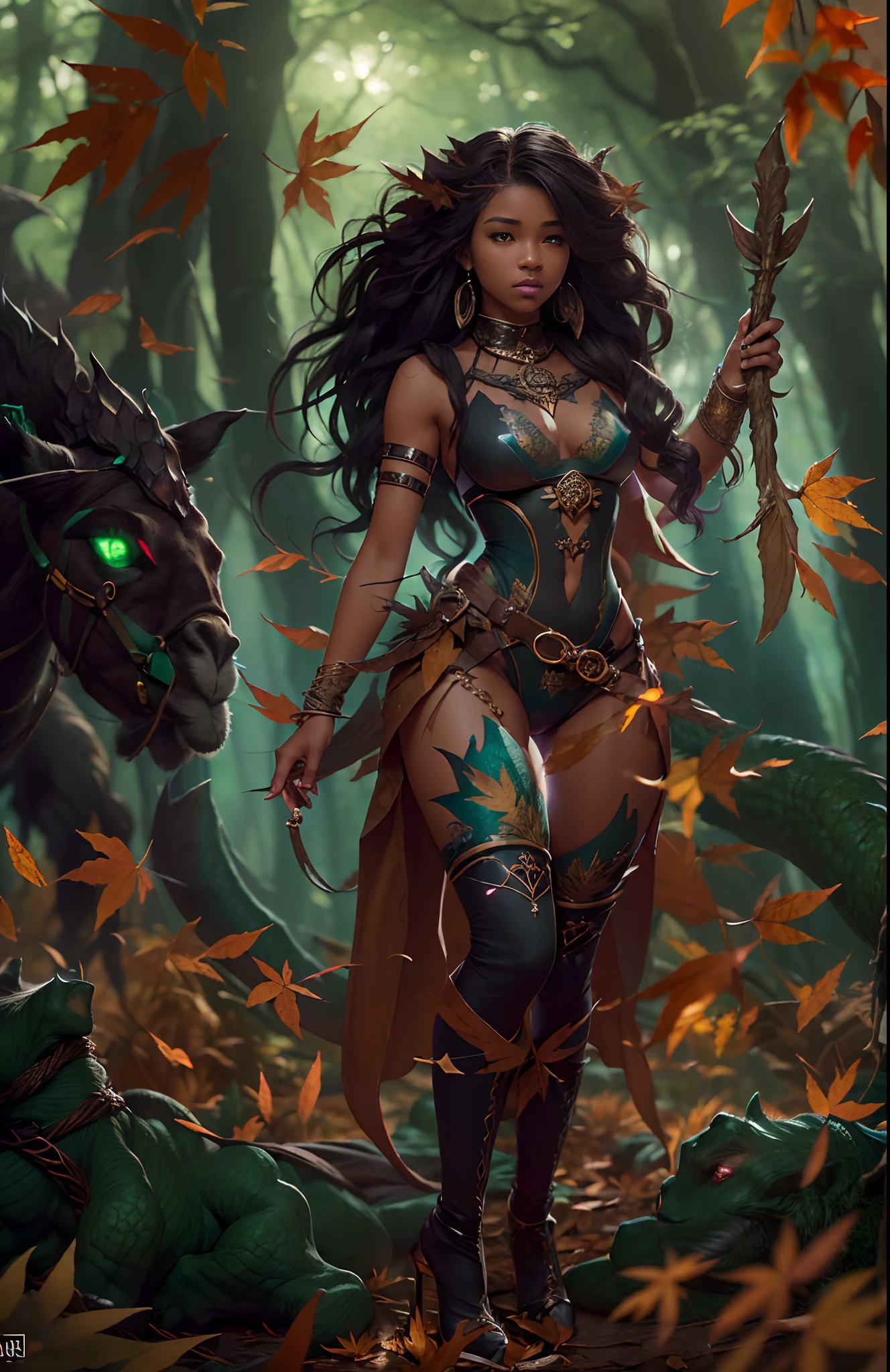 ((16-year-old))) black girl, (((light skin))), druid, magical aura surrounding her, she is in the forest with monsters surrounding her, (((thigh gap))), (((cameltoe))), (((close-up full body pose))), long black wavy hair, high heel boots, (((wearing leaves))), (((Dungeons and Dragons style art))), fantasy art, Rich, Deep Colours, (intricate details:0.9), (HDR, hyper-detailing:1.2), (natural skin textures, hyper realisitc, soft light, Sharp),