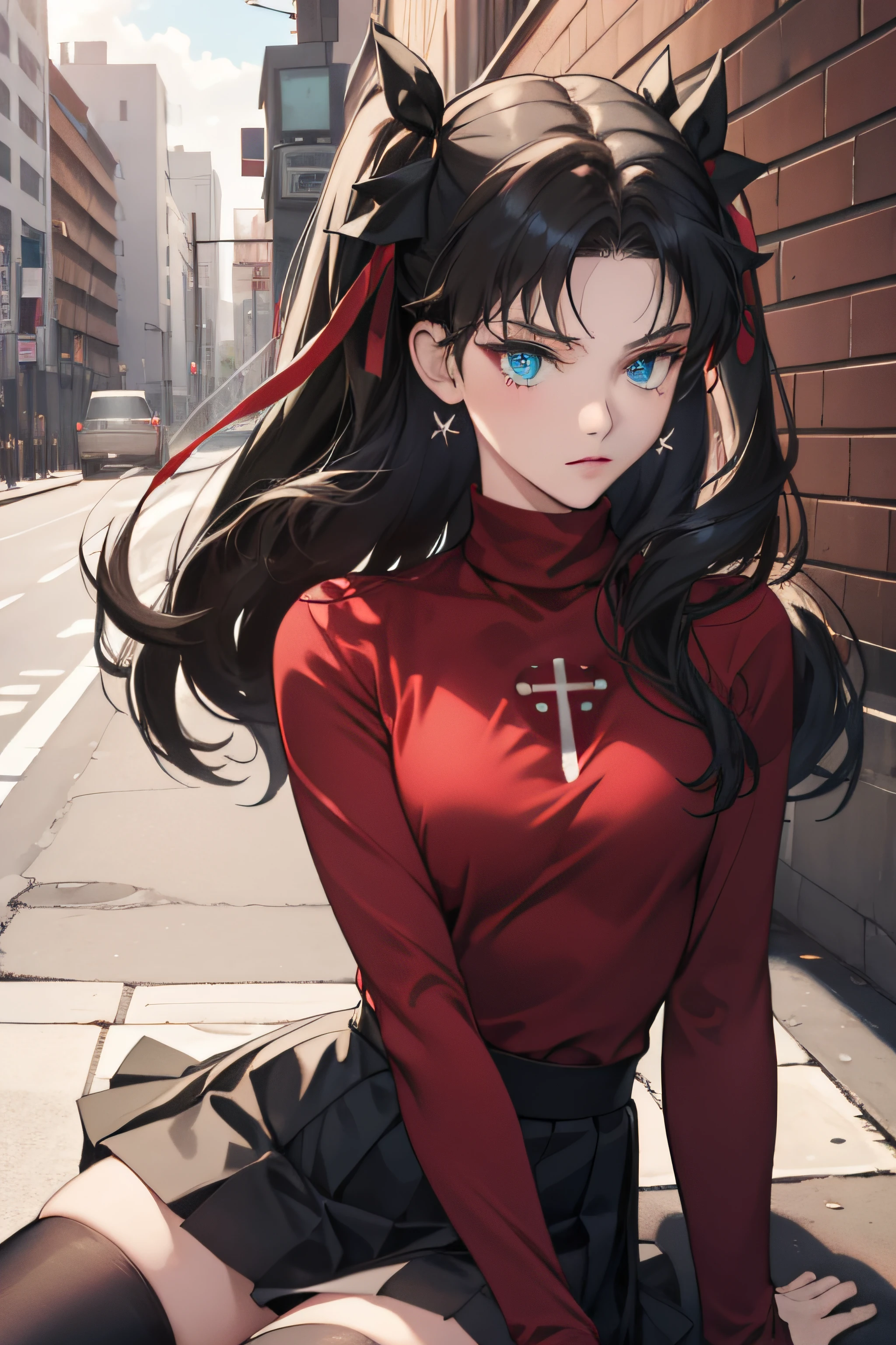 (masterpiece), best quality, expressive eyes, perfect face, 1girl, solo, rintohsaka, rin tohsaka, aqua eyes, black hair, hair ribbon, long hair, ribbon, sidelocks, two side up, black skirt, black thighhighs, long sleeves, miniskirt, pleated skirt, ((red sweater)), skirt, sweater, thighhighs, turtleneck, city background, sitting, character sheet, upper body, portrait, looking at viewer