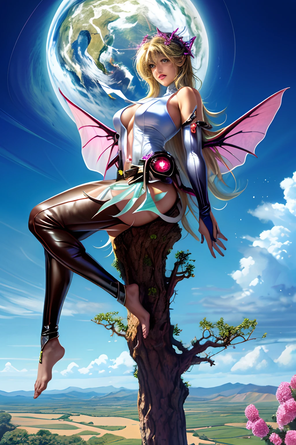 Dark magician gils ((mejor calidad)), ((obra maestra)), (detallada), rubia, smal boobs, smal boobs, seductive succubus, Ethereal Beauty, Perched on a pink flowering tree, (Fantasy Illustration: 1.3), mirada encantadora, cautivadora pose, chica dark magician gils sola, delicadas alas de mariposa, encanto de otro mundo, mystical sky, (Luis Royo:1.2), (Yoshitaka Amano:1.1), Moonlit morning, colores suaves, (nubes detalladas:1.3), (high resolusion:1.2) ( dragon flying in the sky) vestido, piernas colgando sobre el estanque, diosa griega, realista, realismo, cuerpo sexy, Desert Landscape