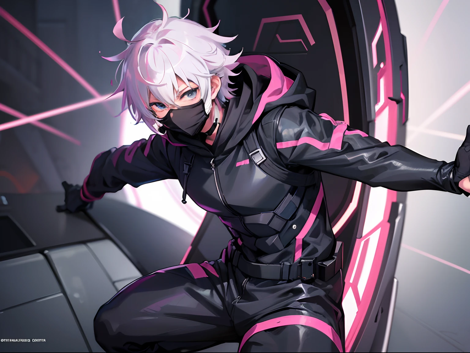 1 anime guy in a Black Hoodie stealth suit and Mask, anime handsome man, anime boy, male anime character, handsome anime pose, male anime style, tall anime guy with grey eyes, anime portrait of a handsome man, he has light pink hairs, as hair color, with medium hairs and different hairstyle