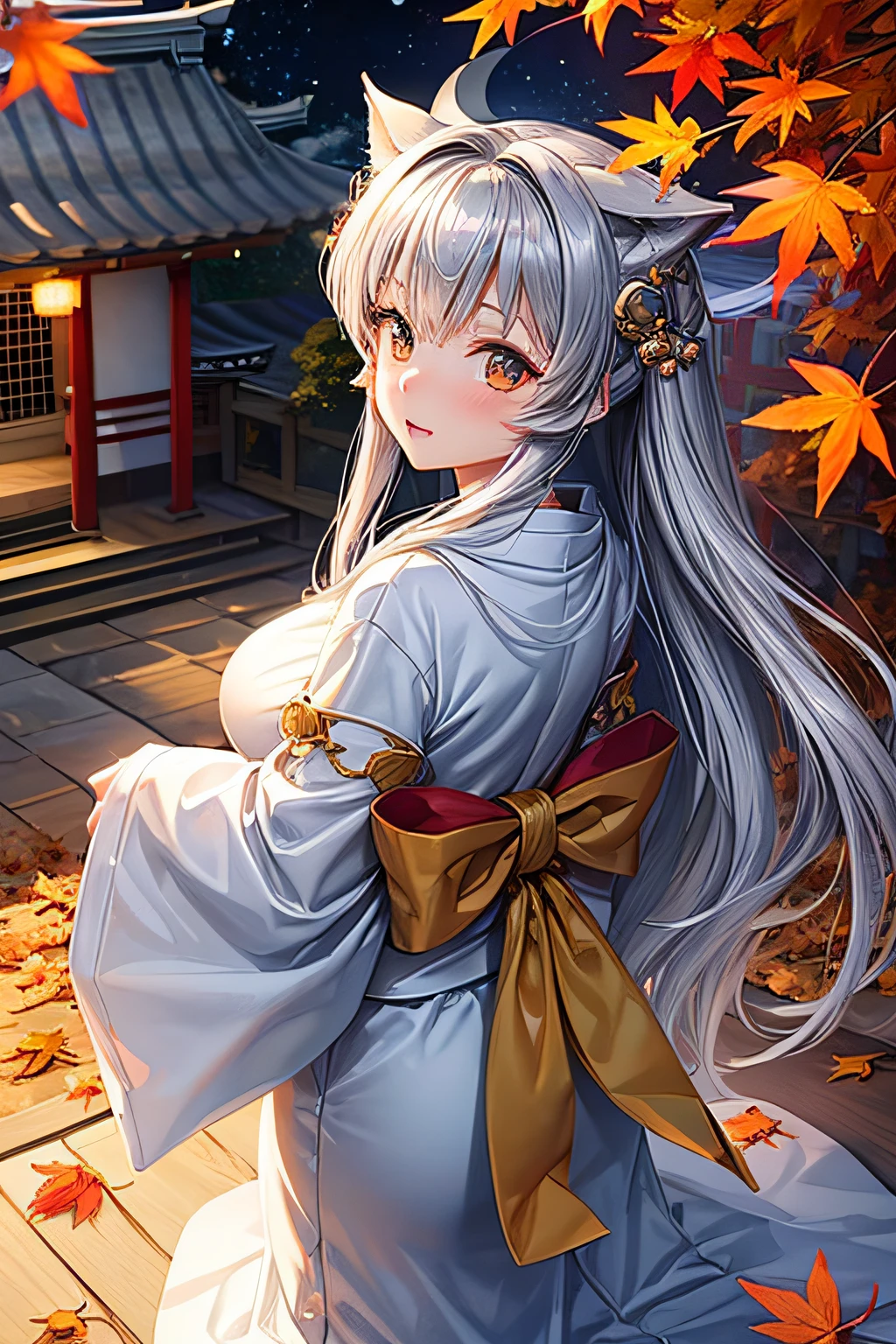 ((worst quality, low-quality)), ((🦊Eared girl)), Solo, Big breasts, ((Long silver hair)), plump shiny lips, Beautiful clear eyes, (Golden Eyes, kirakira), Spoken Heart, ((Japanese shrine maiden, Intricate and solemn beautiful pattern)), embarrassed, Looking back,  (Moon), (rays of moonlight:1.4), Autumn foliage picking, leaves falling, (( Background of autumn leaves)), high-angle shot, masutepiece,Best Quality,ultra-detailliert, ​masterpiece,