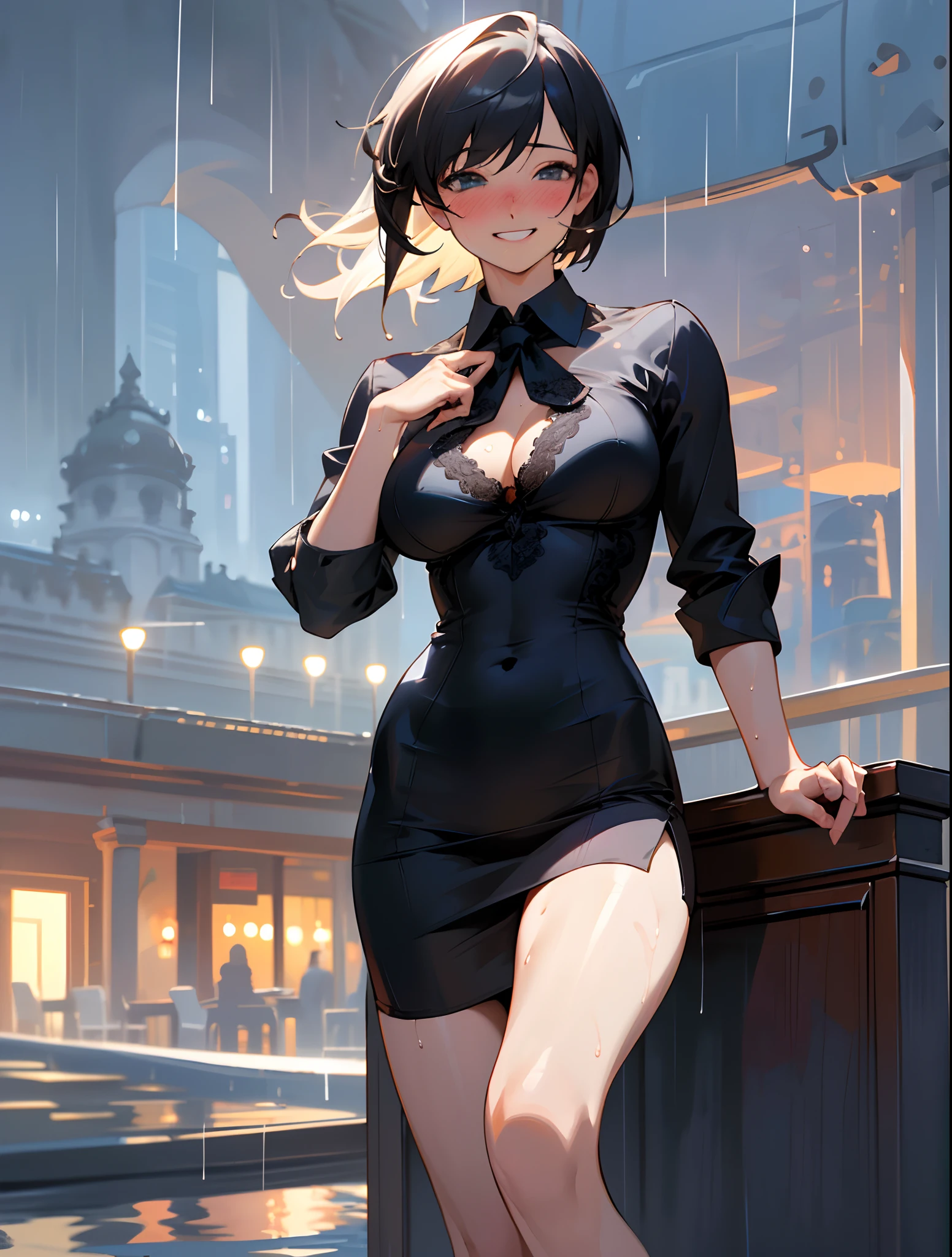 (8k, best quality, masterpiece:1.2), (realistic, photo-realistic:1.37), ultra-detailed, 1 girl,cute, solo,beautiful detailed sky,detailed cafe,night,sitting,dating,(nose blush),(smile:1.15),(grin) large breasts,(fantasy breasts), cleavage, beautiful detailed eyes,(collared shirt:1.1), night, wet,business attire, rain,black lace, (short hair:1.2),floating hair NovaFrogStyle, cyber, future, tight dress, six-pack abdominal muscle