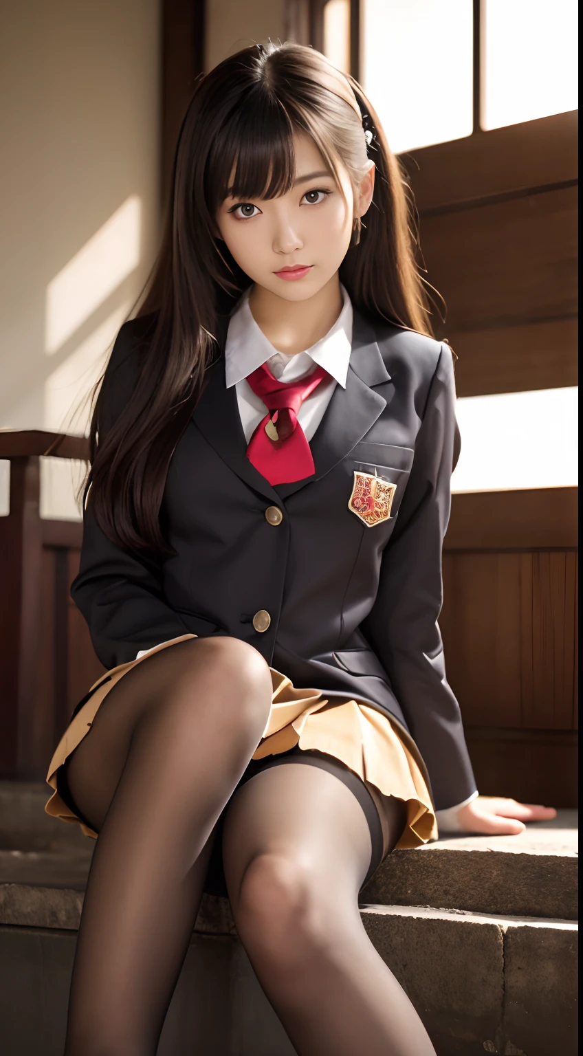ulzzang -6500-v1.1, (Raw photo:1.2), (Photorealistic:1.4), Beautiful detailed girl, Very detailed eyes and face, Beautiful detailed eyes, Ridiculous, Incredibly ridiculous, Huge file size, super detailed, High resolution, Very detailed, Best Quality, masutepiece, Kemomimi, ((Japanese girls' high school uniform)), Illustration, Very detailed, nffsw, unified, 8K Wallpaper, amazing, Fine details, masutepiece, Best Quality, Highly detailed ticker uniform 8k wallpaper, Light on Face, Cinematic lighting, 1girl in, , (()), ((Dynamic Pose))), (Camel toe), (half), (pantyhose), (knee-bending leg sitting))