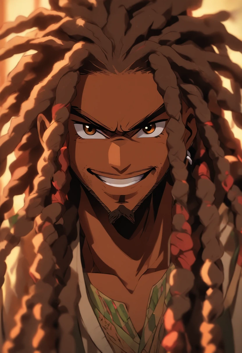 mixed raced man standing in a photography studio, friendly smile, brown eyes, wearing black, long rasta dread locs, high resolution