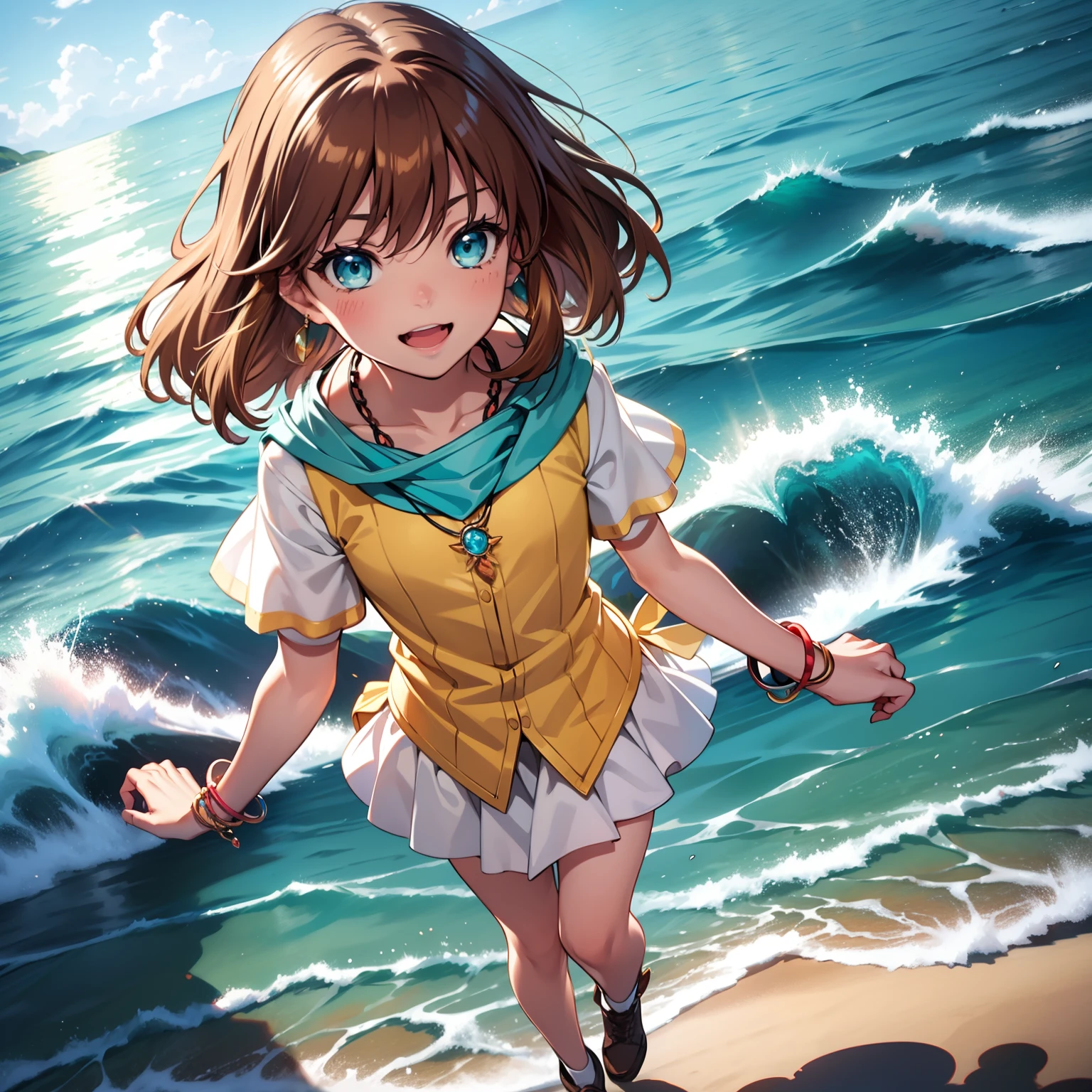 1girl, grin, ribbon, Cumulonimbus, buzzer, Ocean, , short sleeve shirt, from below, cowboy shot