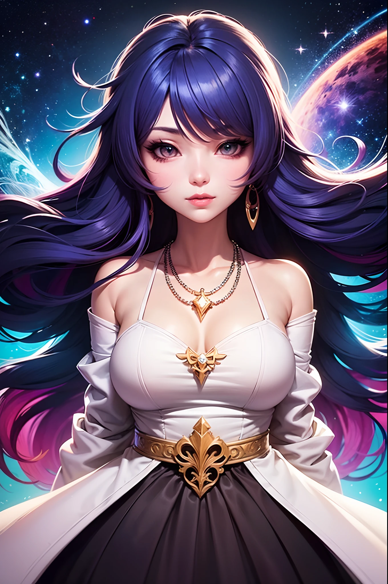 Close-up of a woman with colorful hair and necklace, anime girl with cosmic hair, Rossdraws' soft vibrancy, Gouviz-style artwork, fantasy art style, colorful], vibrant fantasy style, Rossdraws cartoon full of energy, cosmic and colorful, Guweiz, colorful digital fantasy art, stunning art style, beautiful anime style, white skin, night coat,