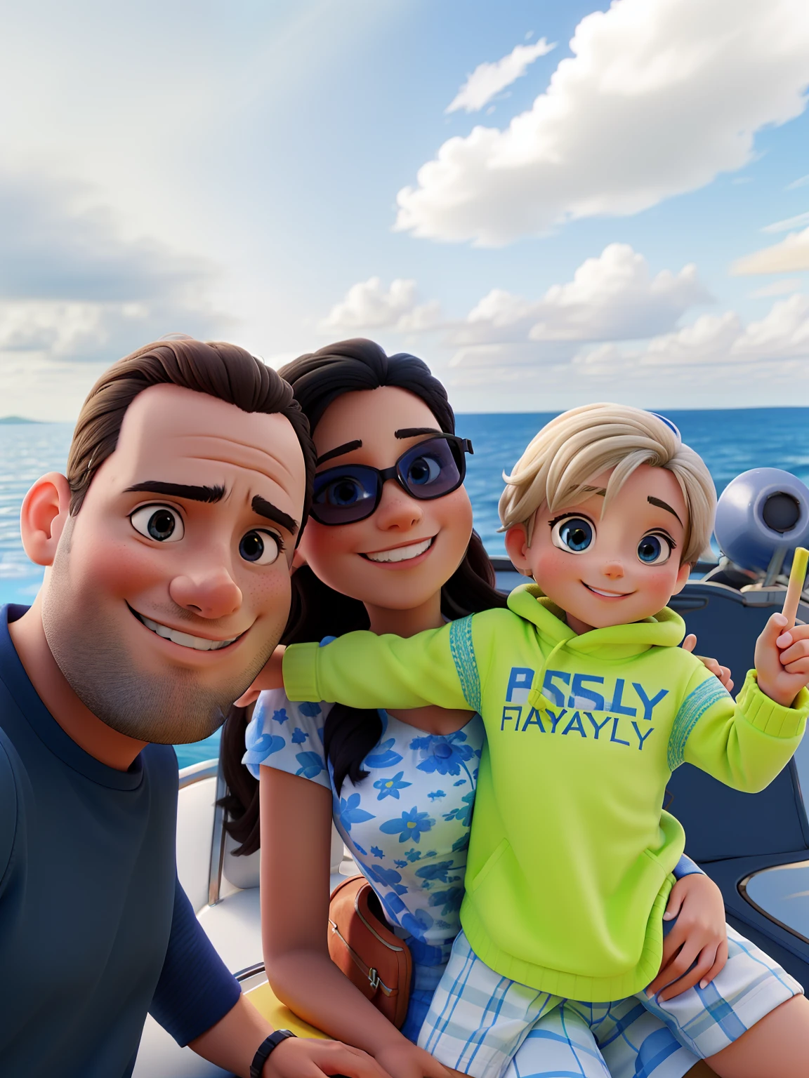 Happy family on top of a speedboat with blue sky in the background