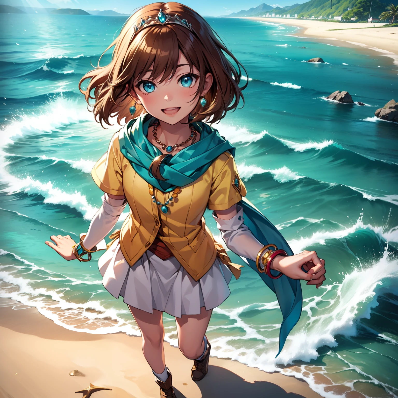 solo, happiness, broad light, contrast, Ultra-detailed, (Realistic, Photorealistic:1.2), vibrant colors, masterpiece, ocean landscape background, cute lonely mean 1girl princess, holding flowers, running, laughing, XD, flat chest, skinny, thin, ((young)), yellow school outfit, silky arm warmers, short skirt, blue scarf, brown hair, luxurious jewelries, necklaces, pendants, bracelets, earrings, tiara, glowing shiny magical blue eyes, looking down at viewer, from below,