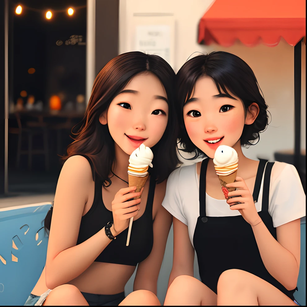 Two girls eating ice cream