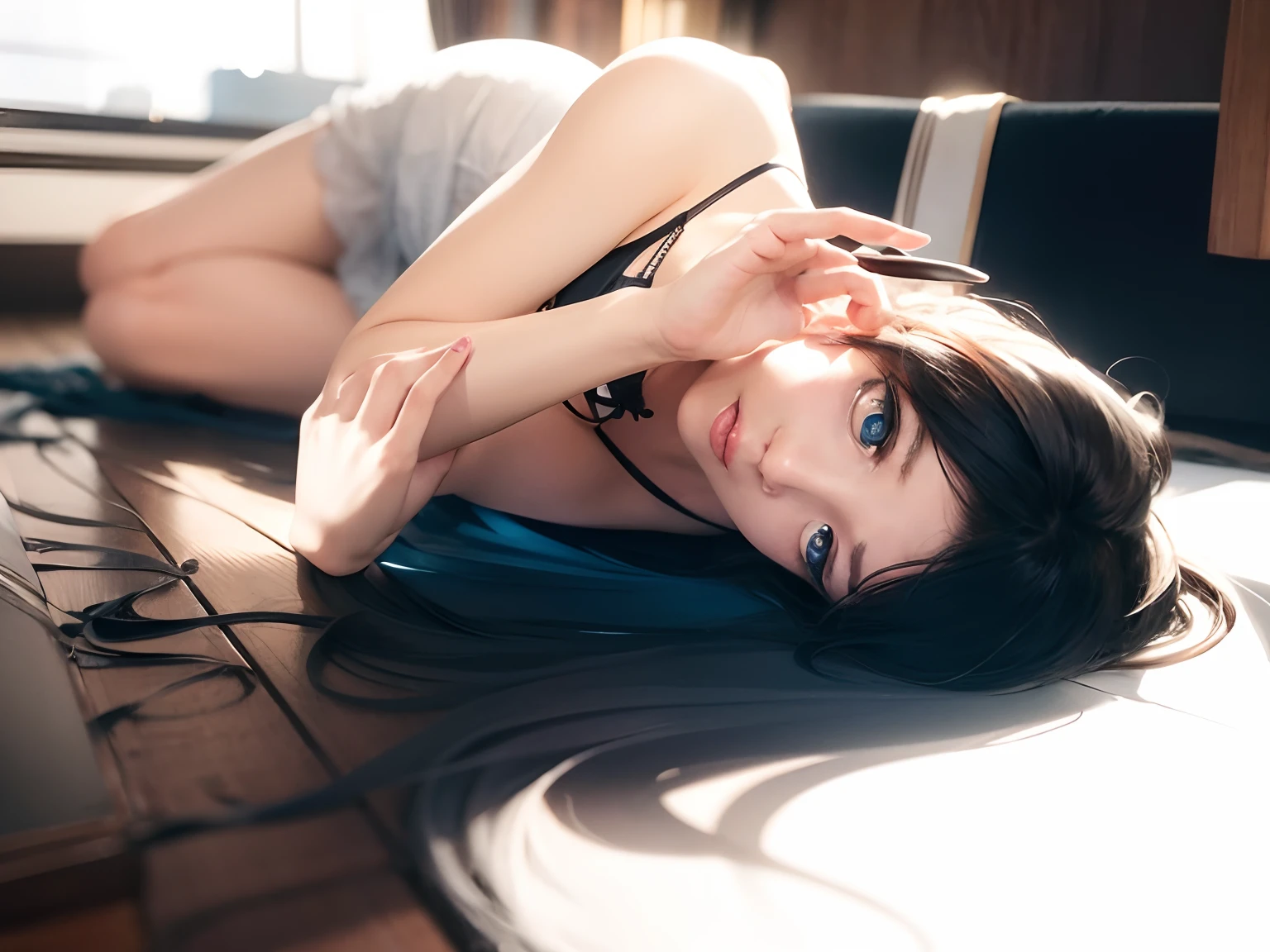 (Best quality, 8k, 32k, Masterpiece, UHD:1.2), Photo of Pretty Japanese woman, medium size breasts, bob hairstyle, sexy girl, laying at the ground, blue eyes, lingerie