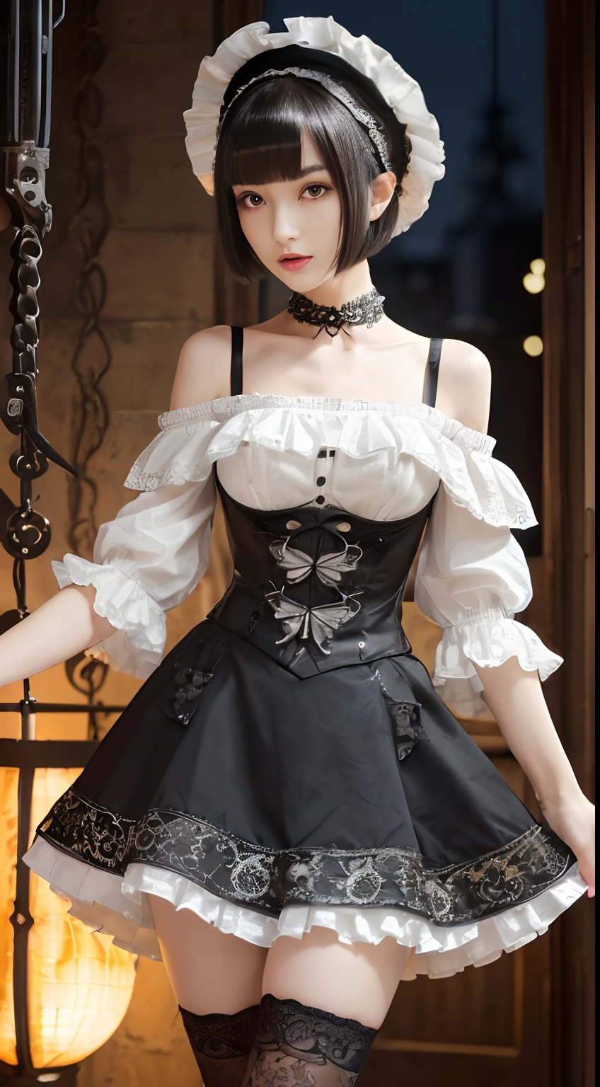 (((masutepiece, of the highest quality, super detailed))), One female, (((very slender body))) , (((long, thin legs))), (((short black bob, thick puffy bangs ))), (((Very detailed face))), Cosmetics Free, small thin nose, small thin mouth, (((Very sharp focused eyes))), Large slit precision pale grey eyes, Shining like a jewel, long eyelashes, ((Highly decorative and complex mechanical steampunk fashion, Lace flared skirt, Lace stockings above the knee, Lace Off Shoulder ta Fashion, Overly decorative fashion)), Abandoned Night, Intricately mechanized steampunk factory burns and explodes, (((Overall accuracy has been significantly improved, Create ultra-detailed and realistic images))), hyper realistic photography.
