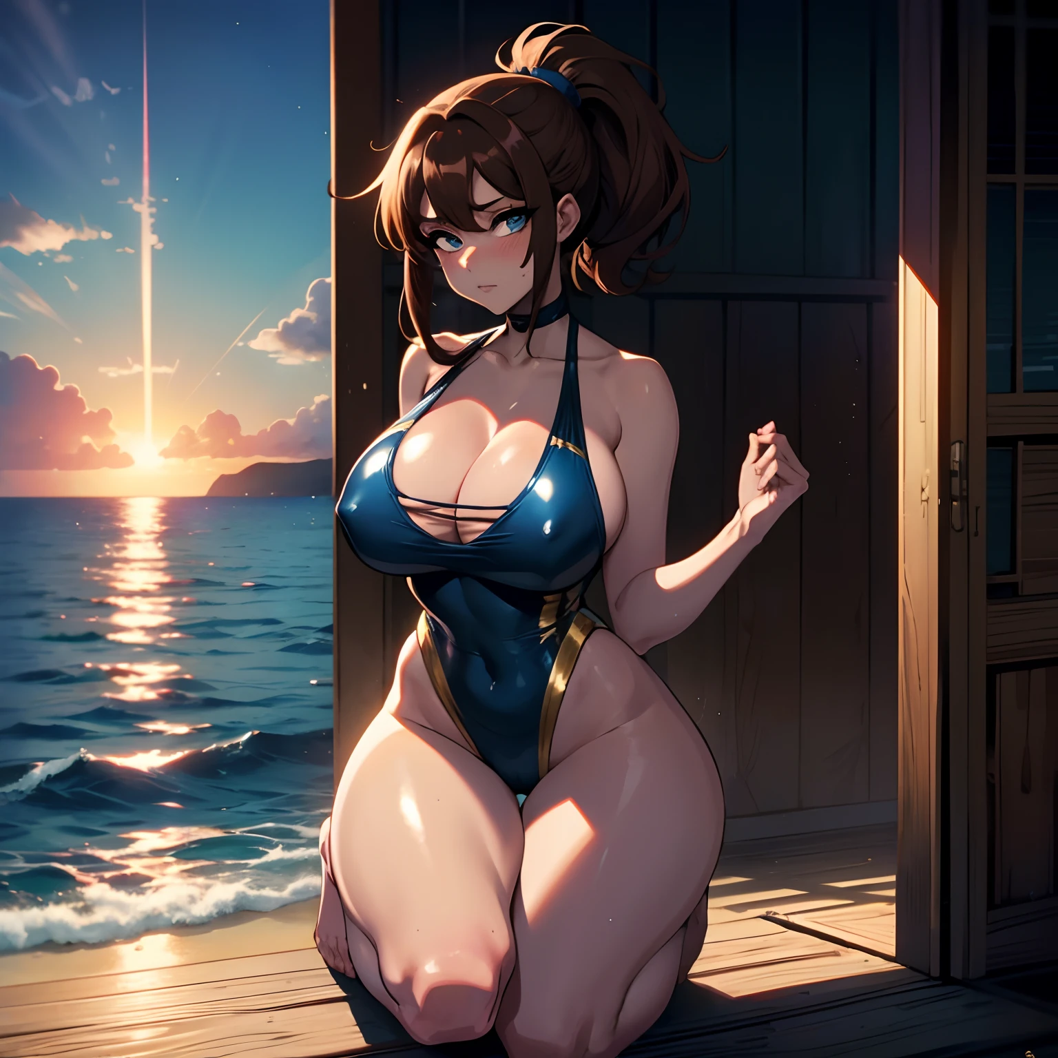 (one female: 1.5) wearing metallic blue one piece swimsuit, brown long ponytail, beautiful blue eyes, showing cleavage, kneeling alone in ocean beach, alone (SOLO: 1.5),(ALONE: 1.5), large chest, curvy, perfect body close shot, best quality:1.5, sexy legs, hide hands behind back, sagging boobs, soft smile, blushing, (((brown hair))), sunset, horizon
