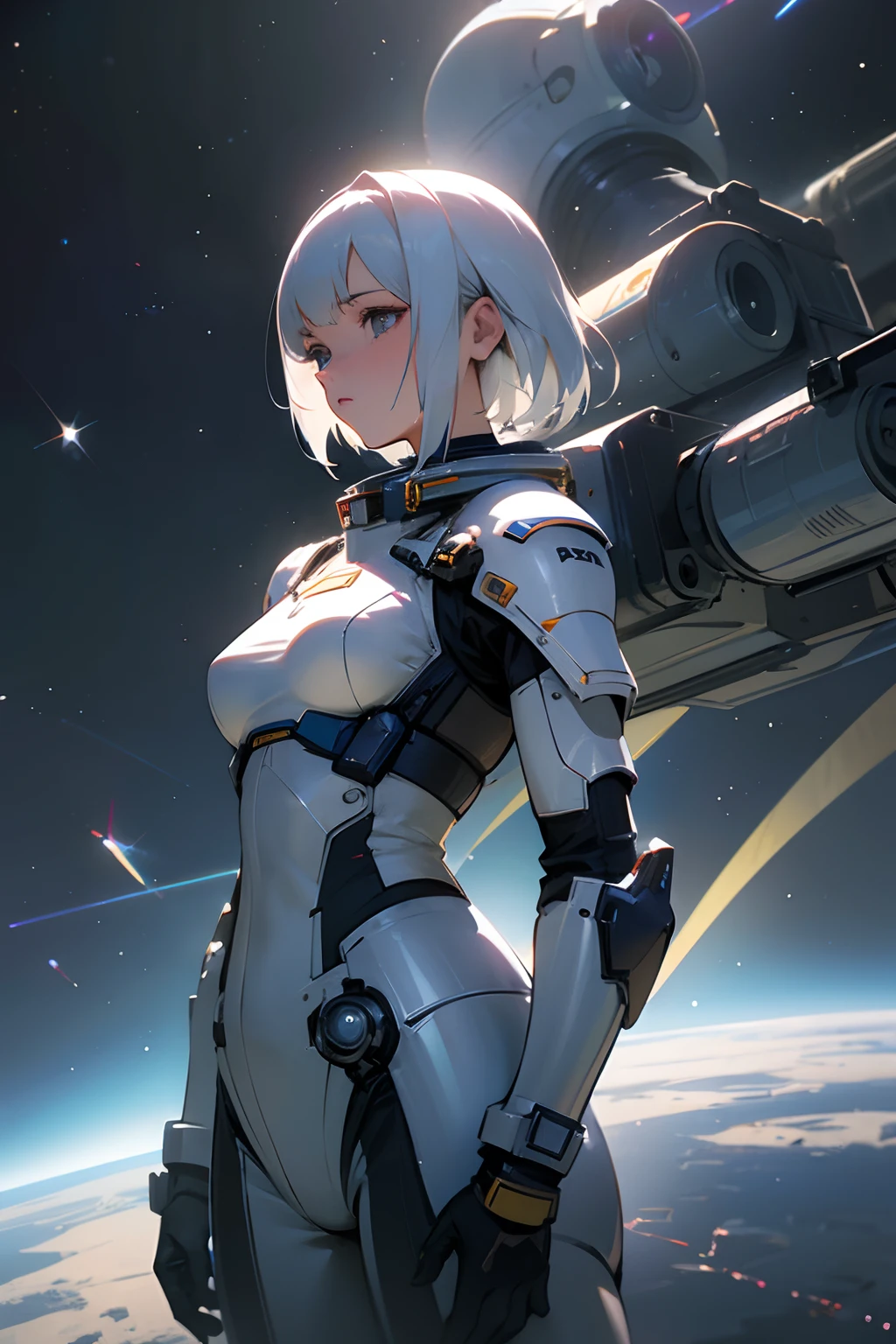 Top quality, ultra high resolution, (photorealistic: 1.4), jumpsuit, sci-fi space background, circuit plate mail, medium breasts, realistic world, outdoors, light hair, armour, space, knight, white hair, 1girl,