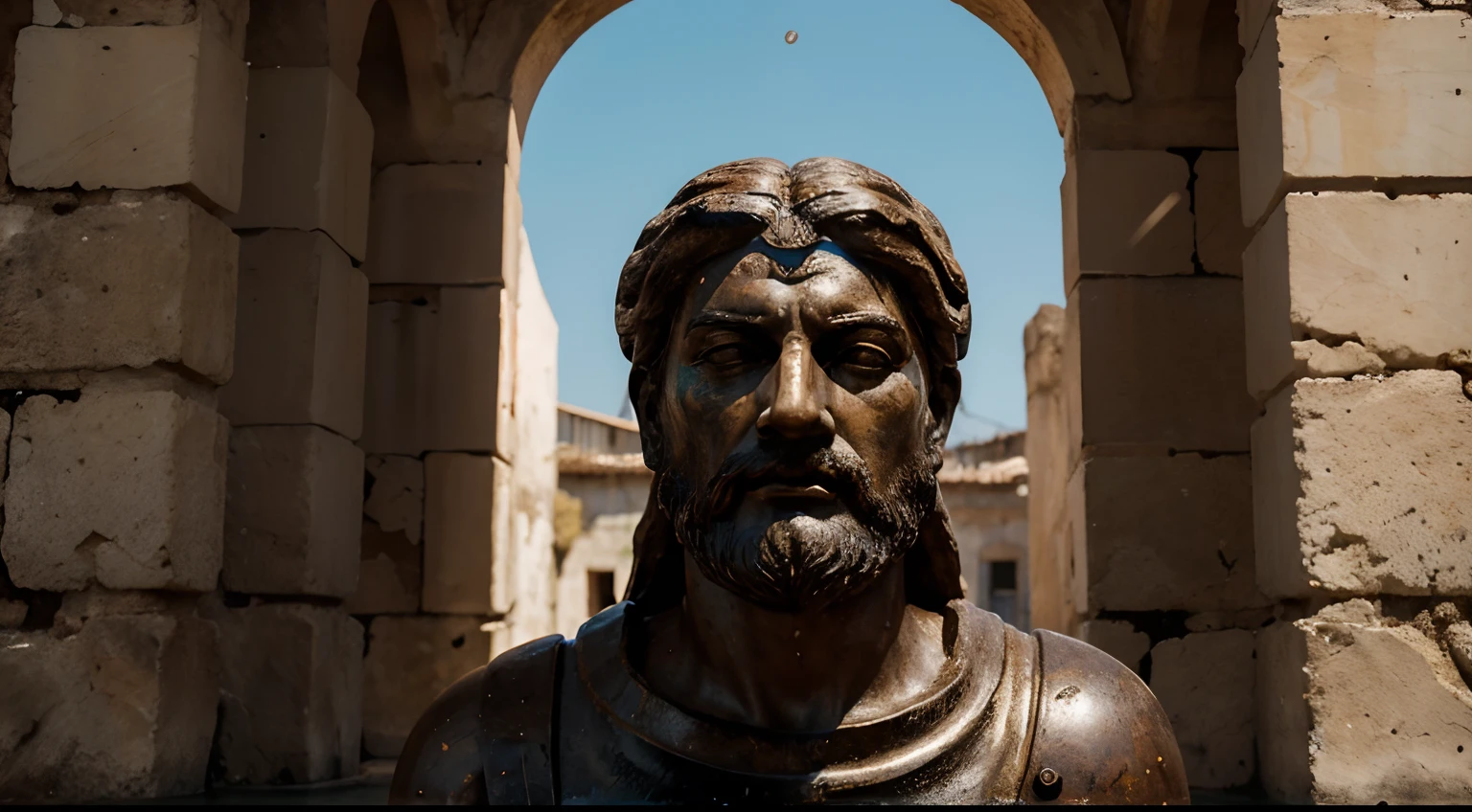 Ancient Stoic Statue With Very Angry Expression, tem barba, muitos detalhes em ambos os olhos, Outside, fundo atenas grego, open sky, com rosto extremamente detalhado full body view, Colors with low saturation with dark tone, Filmado em Sony A7S III com Sony FE 35mm f/1.8, 12.1 MP, --AR 3:2 --estilo cru