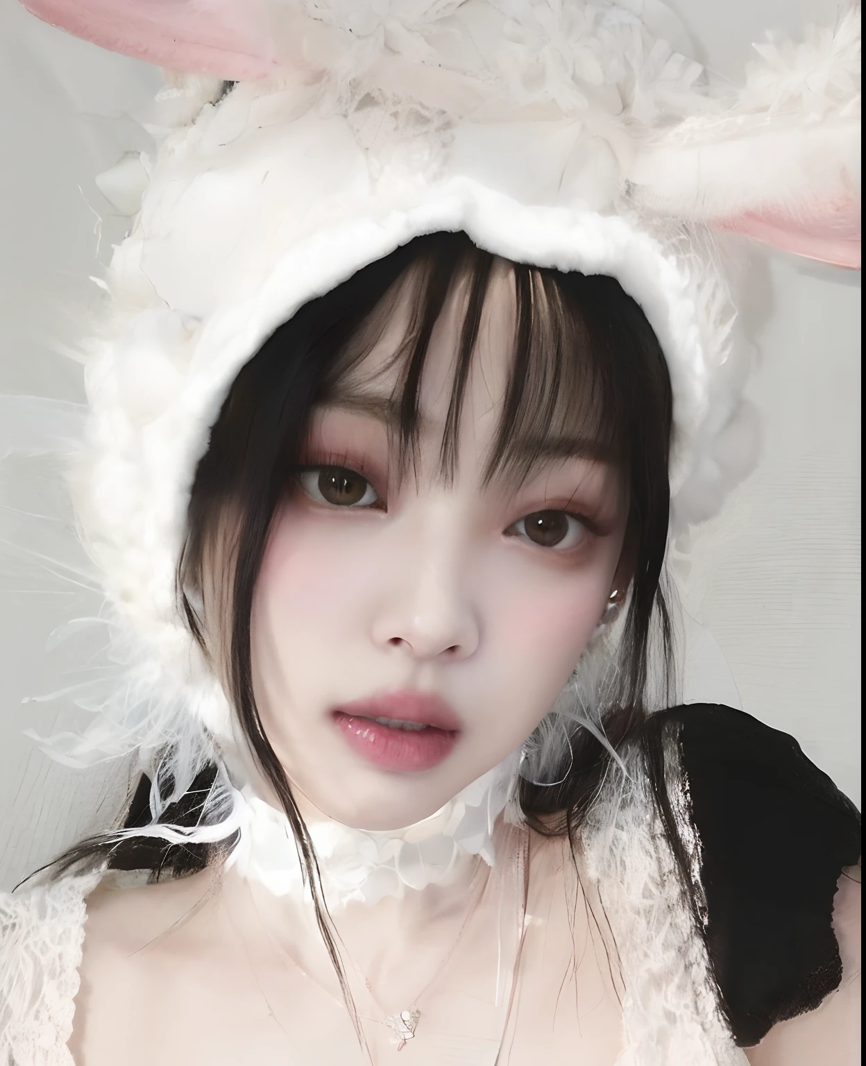 Chica Araffe con un sombrero de conejito y un collar, con orejas de conejo largas y flexibles, Dulce conejita ultrarrealista, con orejas de conejo, con grandes orejas de conejo, con orejas de conejo, ulzzang, Shikamimi, pale snow white skin, Conejita, pale white face, Sakimichan, flequillo blanco, flequillo esponjoso, Wan adorable cara coreana, Jennie Kim, Blackpink Jennie