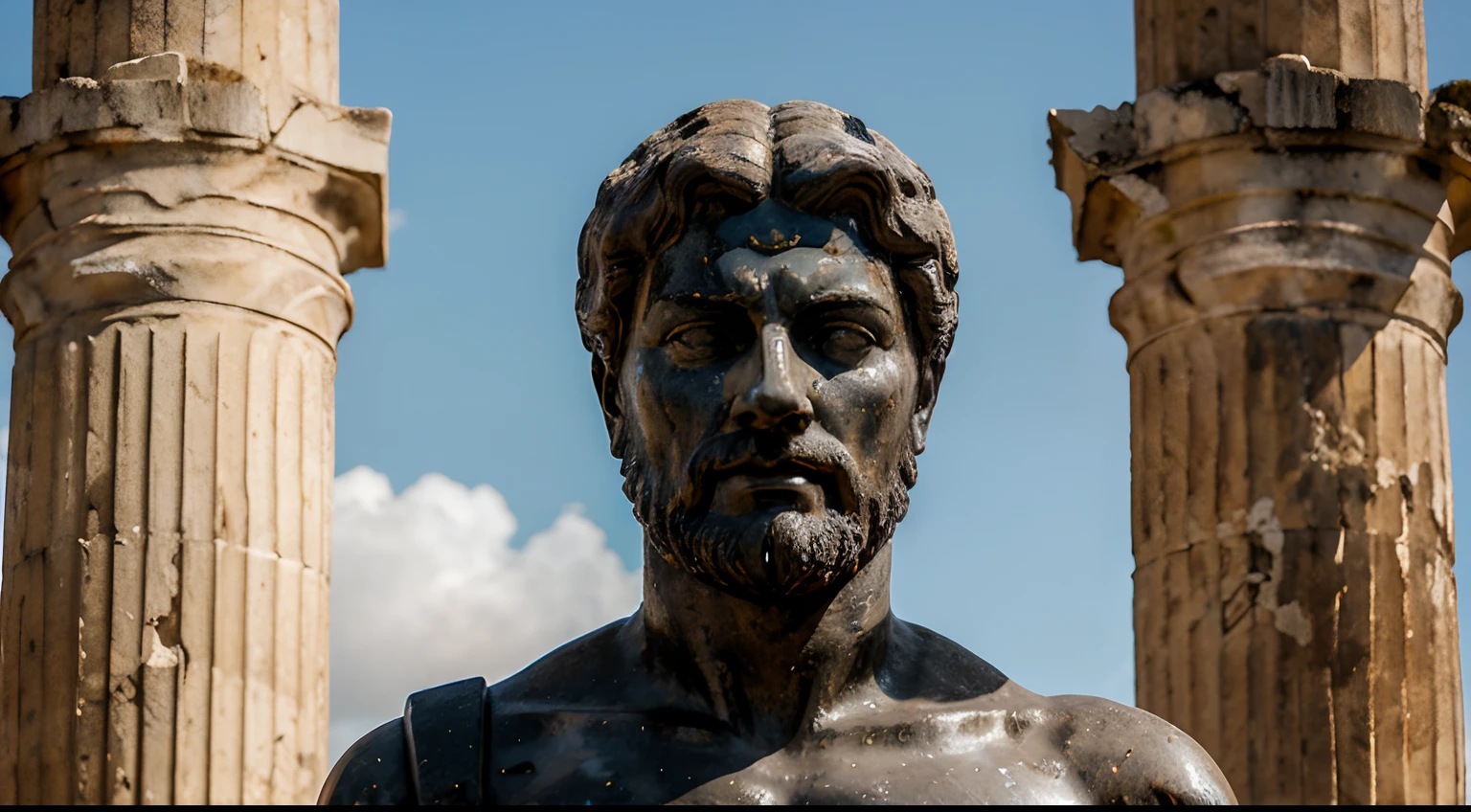 Ancient Stoic Statue With Very Angry Expression, tem barba, muitos detalhes em ambos os olhos, Outside, fundo atenas grego, open sky, com rosto extremamente detalhado full body view, Colors with low saturation with dark tone, Filmado em Sony A7S III com Sony FE 35mm f/1.8, 12.1 MP, --AR 3:2 --estilo cru