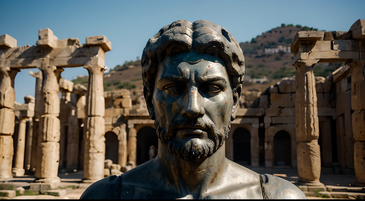 Ancient Stoic Statue With Very Angry Expression, tem barba, muitos detalhes em ambos os olhos, Outside, fundo atenas grego, open sky, com rosto extremamente detalhado full body view, Colors with low saturation with dark tone, Filmado em Sony A7S III com Sony FE 35mm f/1.8, 12.1 MP, --AR 3:2 --estilo cru