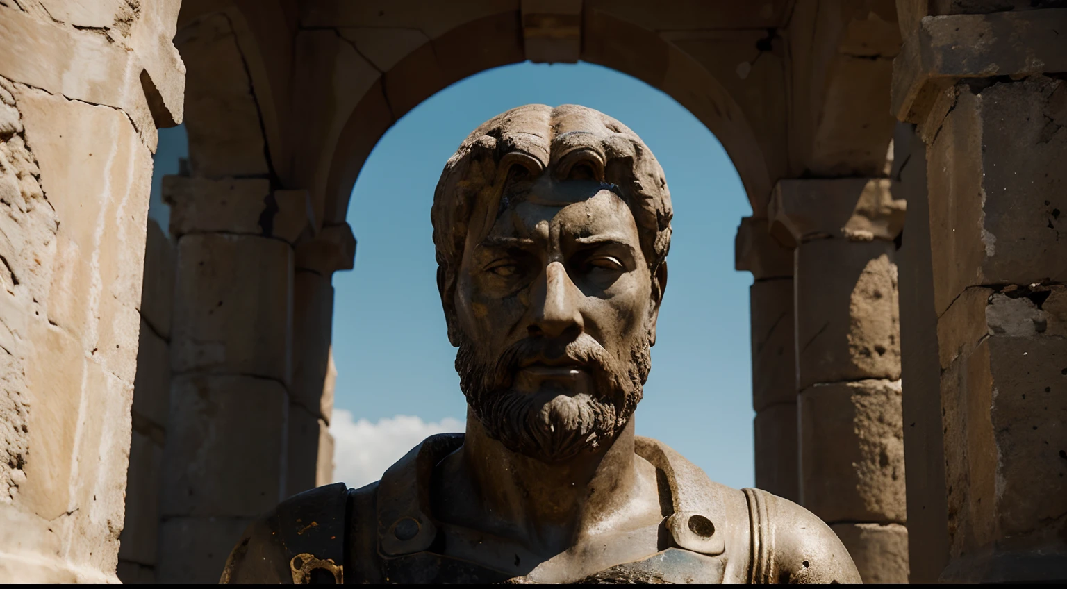 Ancient Stoic Statue With Very Angry Expression, tem barba, muitos detalhes em ambos os olhos, Outside, fundo atenas grego, open sky, com rosto extremamente detalhado full body view, Colors with low saturation with dark tone, Filmado em Sony A7S III com Sony FE 35mm f/1.8, 12.1 MP, --AR 3:2 --estilo cru