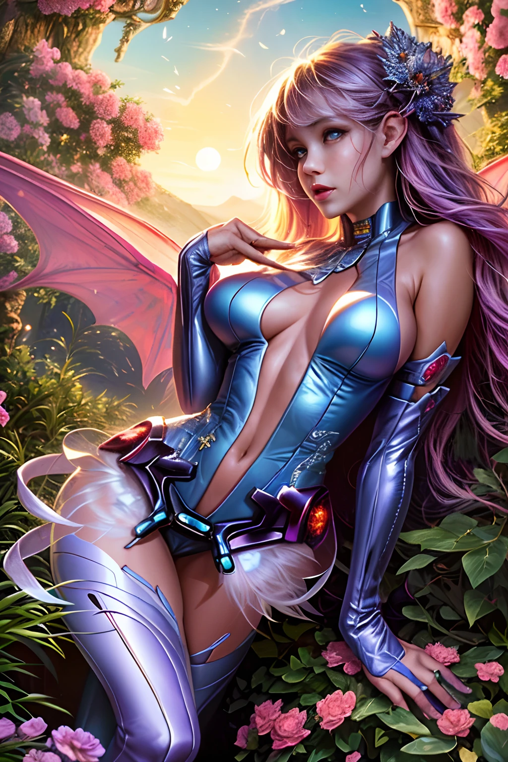 Dark magician gils ((mejor calidad)), ((obra maestra)), (detallada), rubia, smal boobs, smal boobs, seductive succubus, Ethereal Beauty, Perched on a pink flowering tree, (Fantasy Illustration: 1.3), mirada encantadora, cautivadora pose, chica dark magician gils sola, delicadas alas de mariposa, encanto de otro mundo, mystical sky, (Luis Royo:1.2), (Yoshitaka Amano:1.1), Moonlit morning, colores suaves, (nubes detalladas:1.3), (high resolusion:1.2) ( dragon flying in the sky) vestido, piernas colgando sobre el estanque, diosa griega, realista, realismo, cuerpo sexy, Desert Landscape