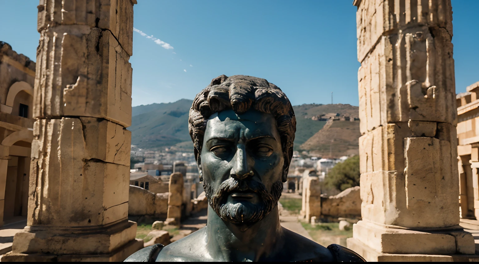 Ancient Stoic Statue With Very Angry Expression, tem barba, muitos detalhes em ambos os olhos, Outside, fundo atenas grego, open sky, com rosto extremamente detalhado full body view, Colors with low saturation with dark tone, Filmado em Sony A7S III com Sony FE 35mm f/1.8, 12.1 MP, --AR 3:2 --estilo cru