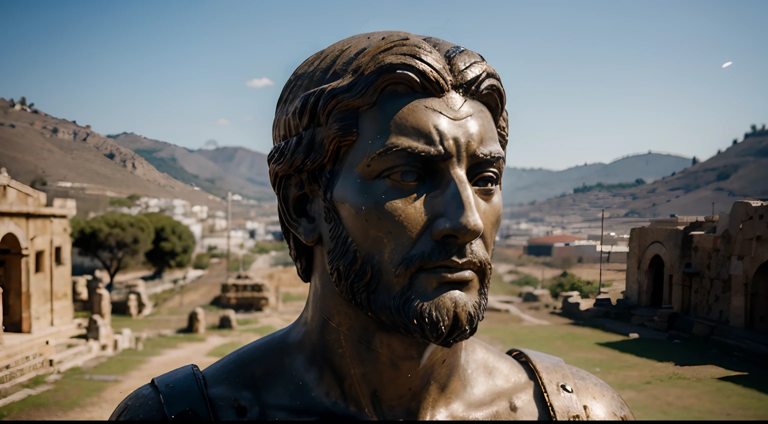 Ancient Stoic Statue With Very Angry Expression, tem barba, muitos detalhes em ambos os olhos, Outside, fundo atenas grego, open sky, com rosto extremamente detalhado full body view, Colors with low saturation with dark tone, Filmado em Sony A7S III com Sony FE 35mm f/1.8, 12.1 MP, --AR 3:2 --estilo cru
