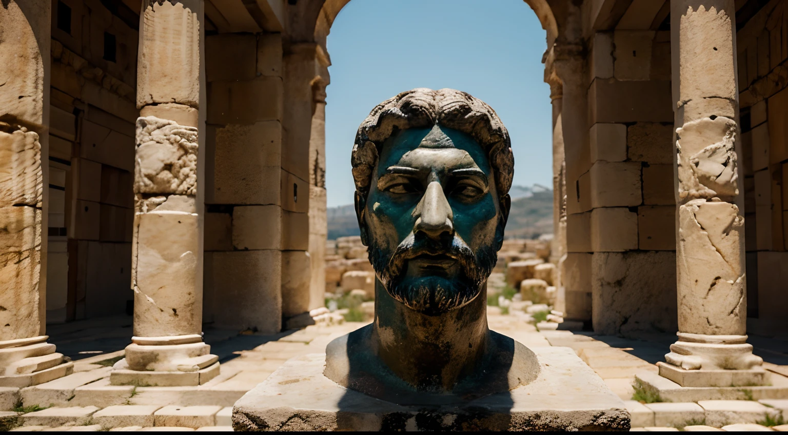 Ancient Stoic Statue With Very Angry Expression, tem barba, muitos detalhes em ambos os olhos, Outside, fundo atenas grego, open sky, com rosto extremamente detalhado full body view, Colors with low saturation with dark tone, Filmado em Sony A7S III com Sony FE 35mm f/1.8, 12.1 MP, --AR 3:2 --estilo cru