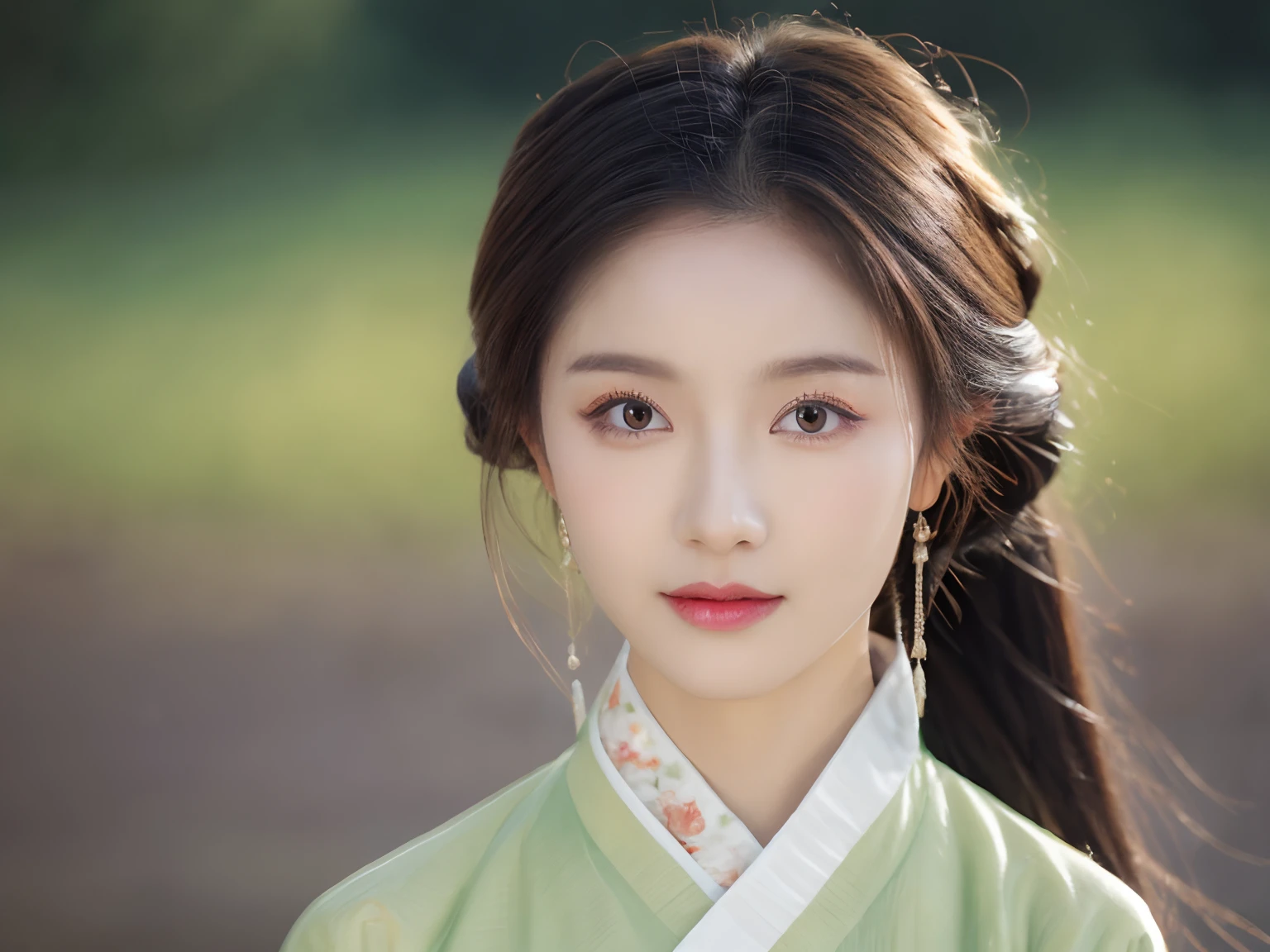 Best quality at best,tmasterpiece,超A high resolution,(photo-realistic:1.4),8K, RAW photogr, A high resolution, (((1girll, half-body portrait))), 独奏, Ancient Chinese Hanfu, Beautiful pattern, Embroidery, beautiful eyes in detail, long eyelasher, RAW photogr, face to the viewer, Close-up Shot Shot, ((( Landscape background))), The upper part of the body, ssmile, Beautiful hairstyle, ((No action))